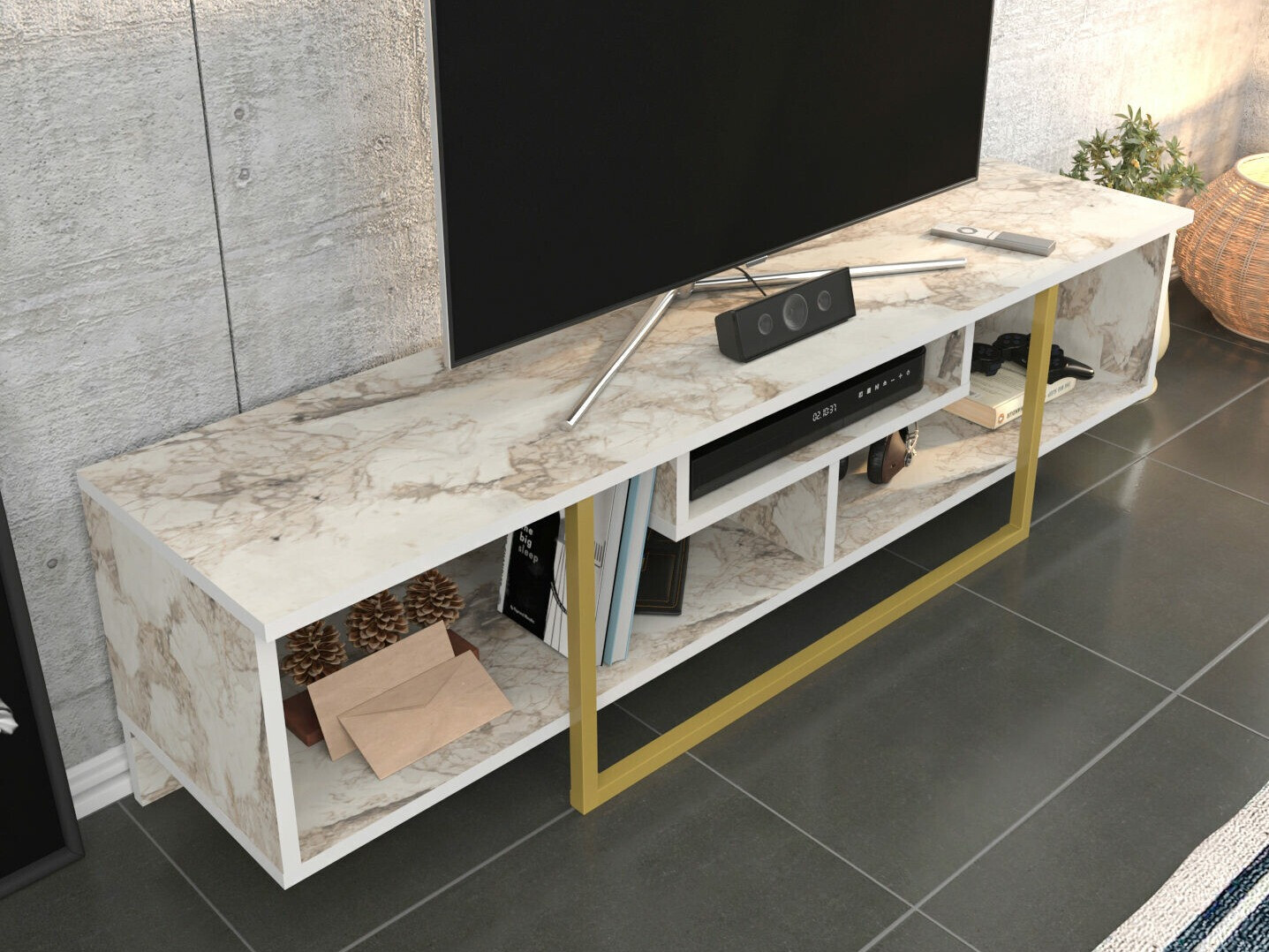 TV-omarica Kailua 245 (Beli marmor + Zlata)