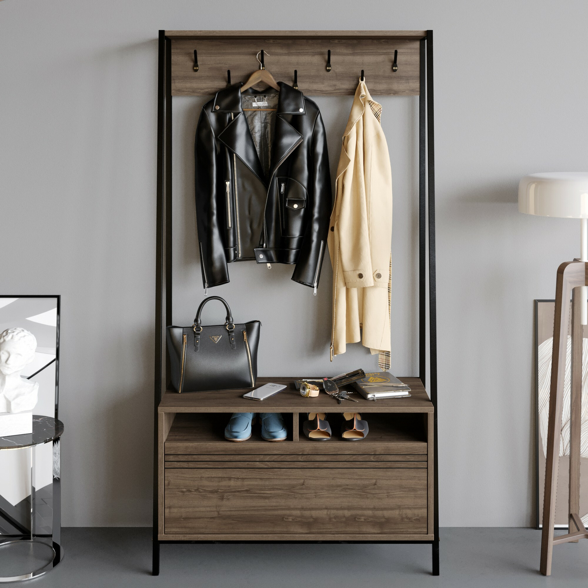 Komplet za predsobo Kailua 462 (Črna + Oreh)