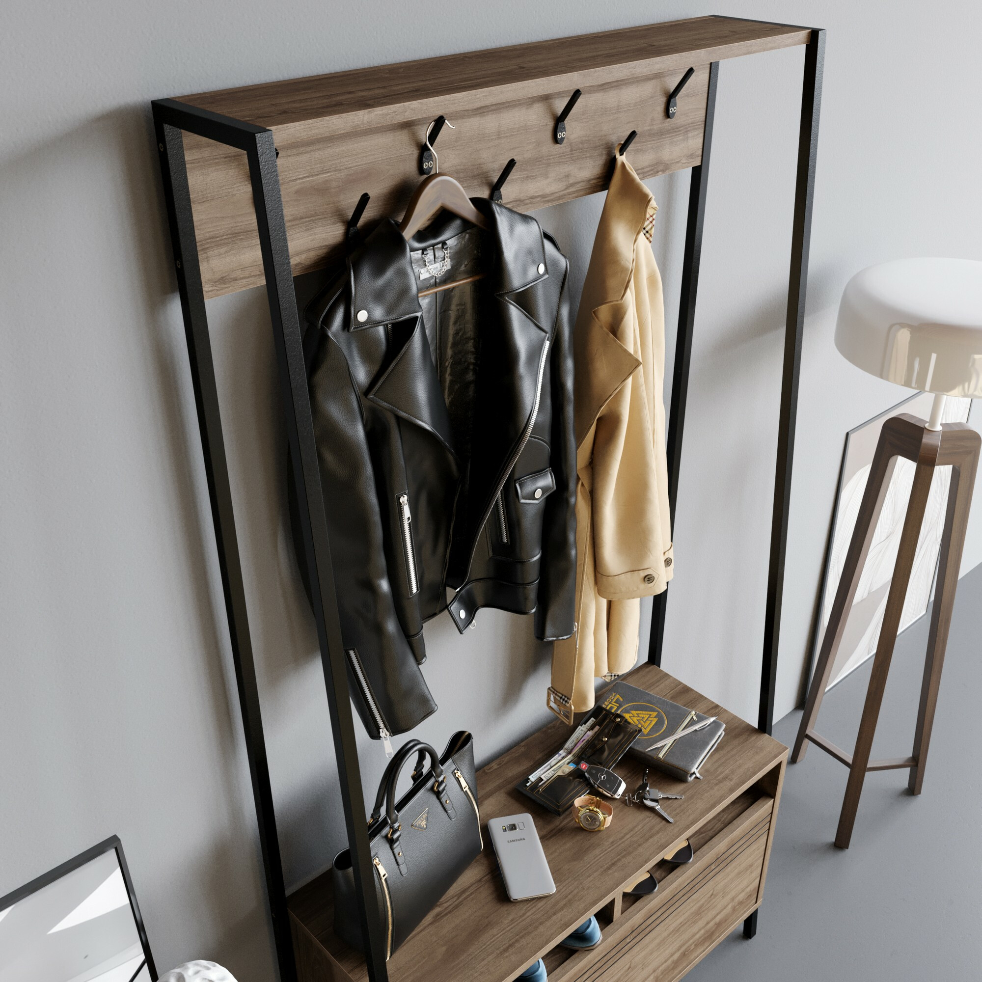 Komplet za predsobo Kailua 462 (Črna + Oreh)