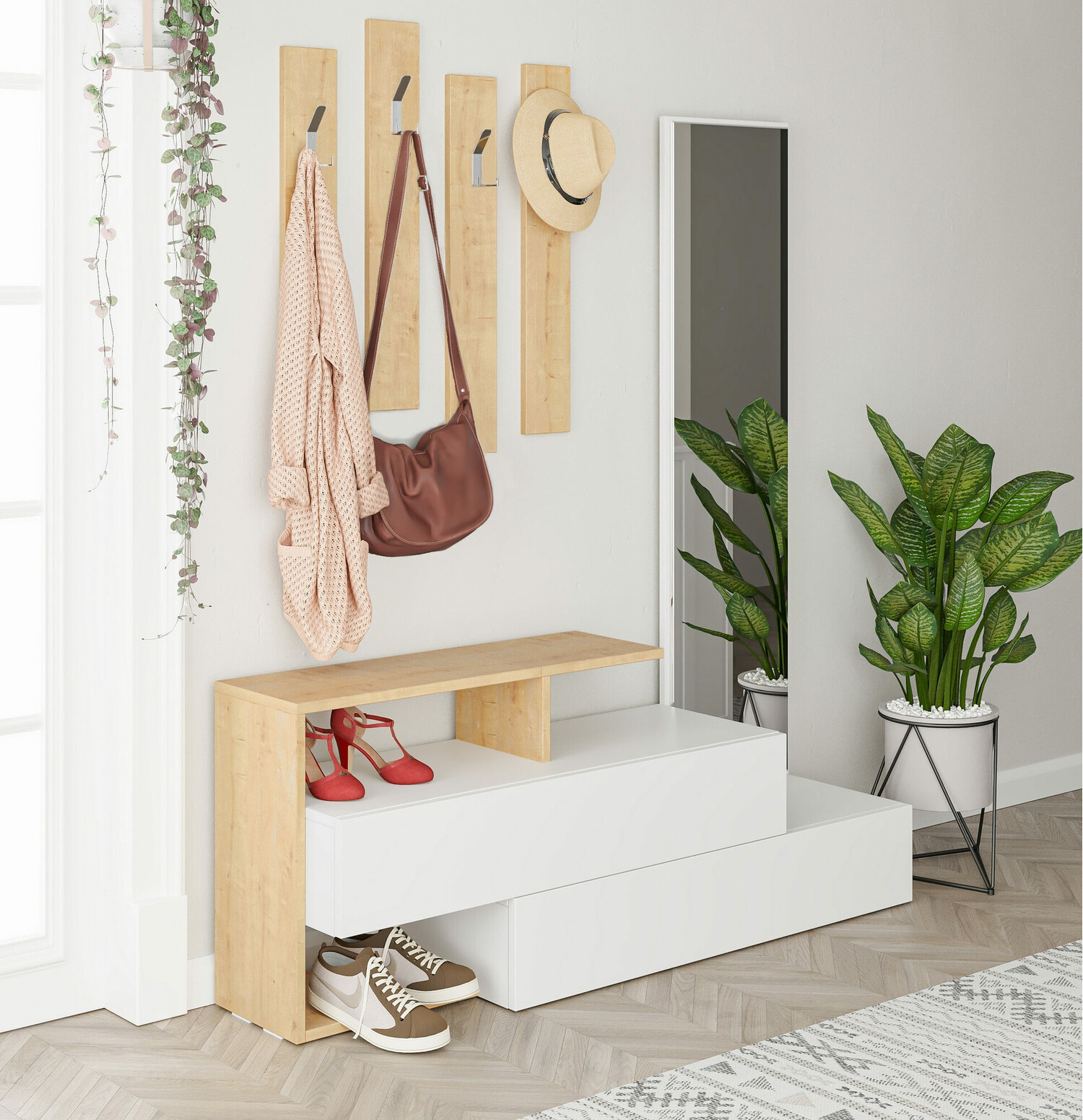 Komplet za predsobo Kailua 502 (Bela + Hrast)