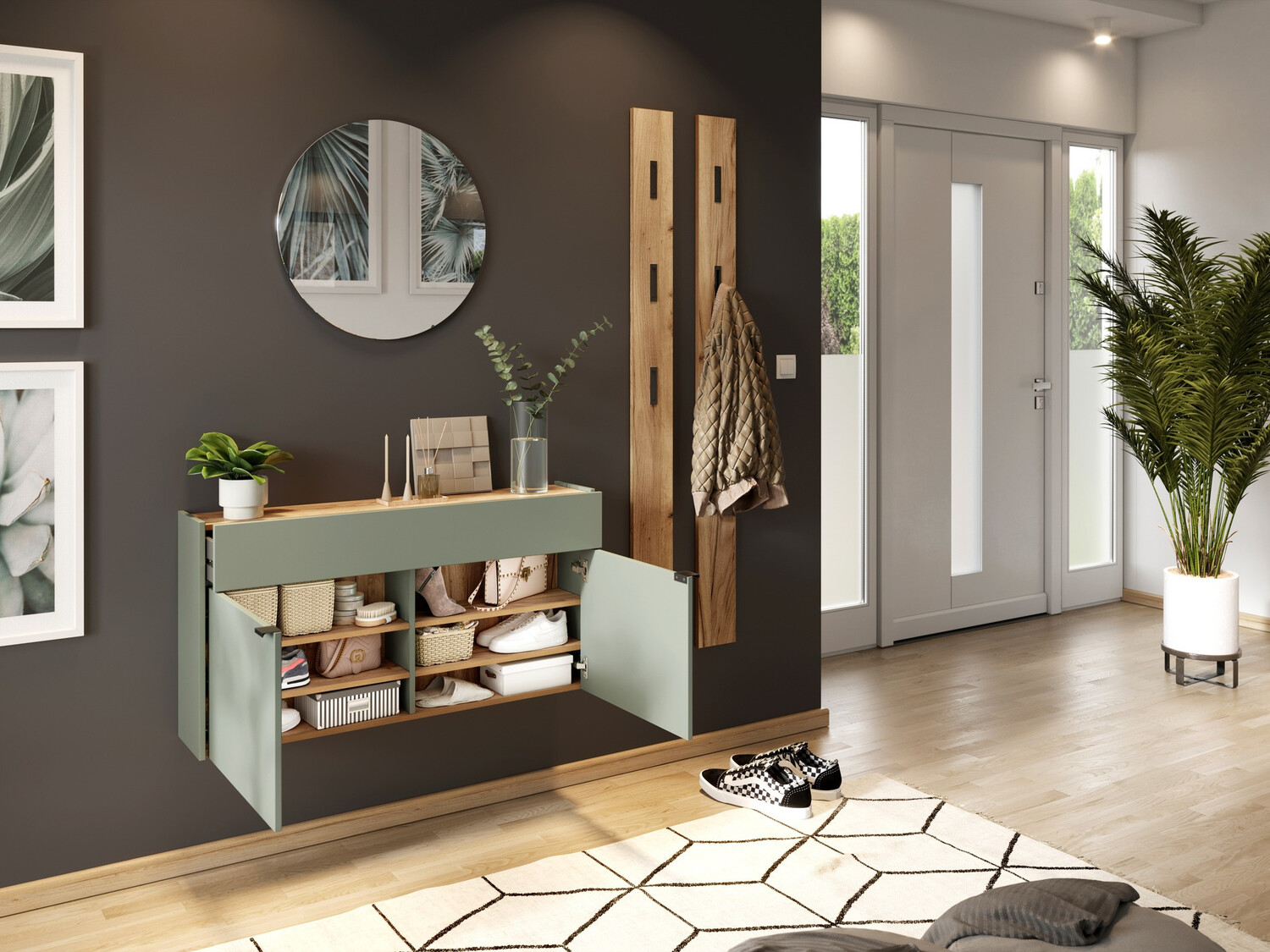 Komplet za predsobo Cirsale 106 (Prašno zelena + Navarra hrast)