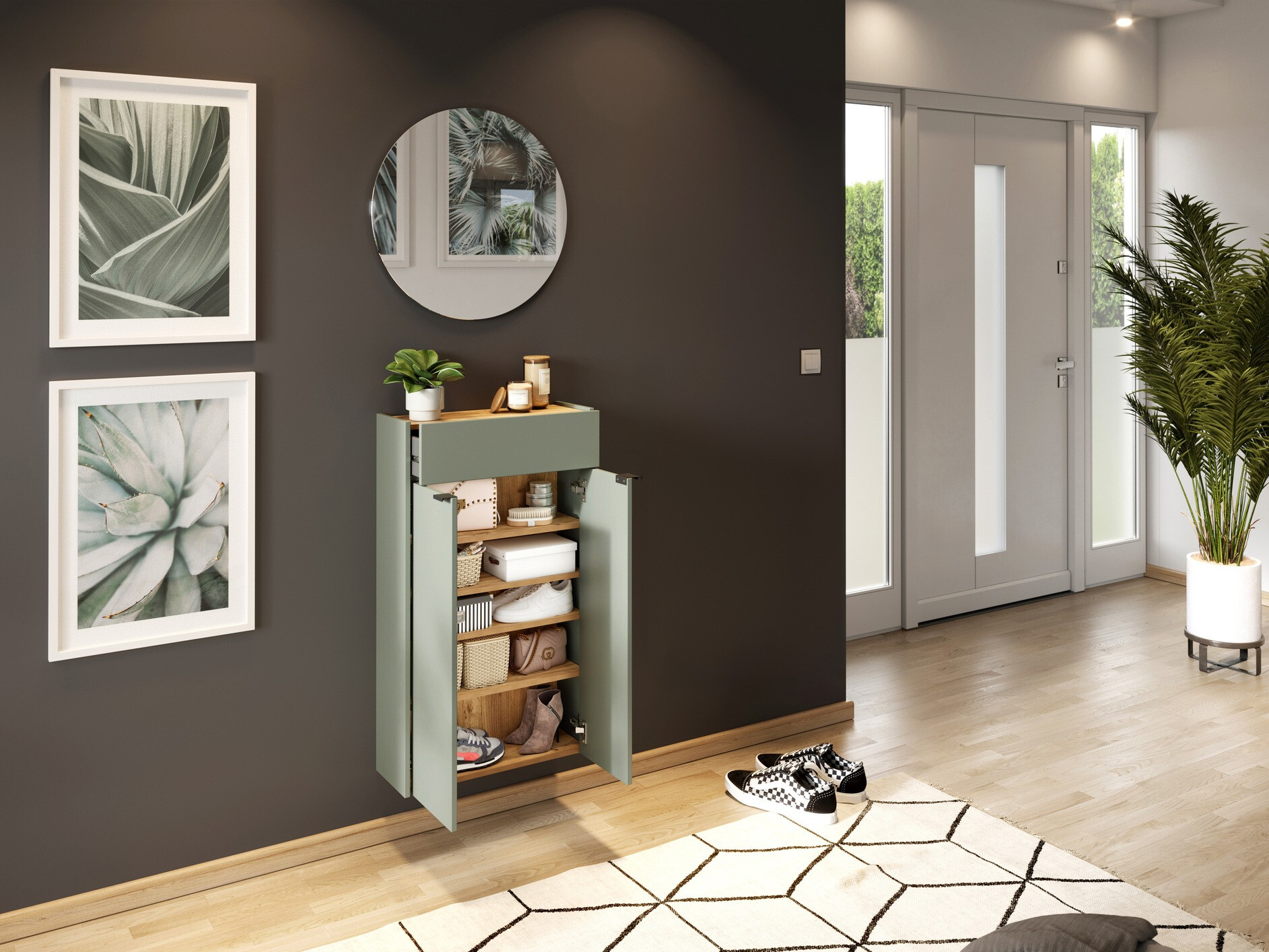 Komplet za predsobo Cirsale 104 (Prašno zelena + Navarra hrast)