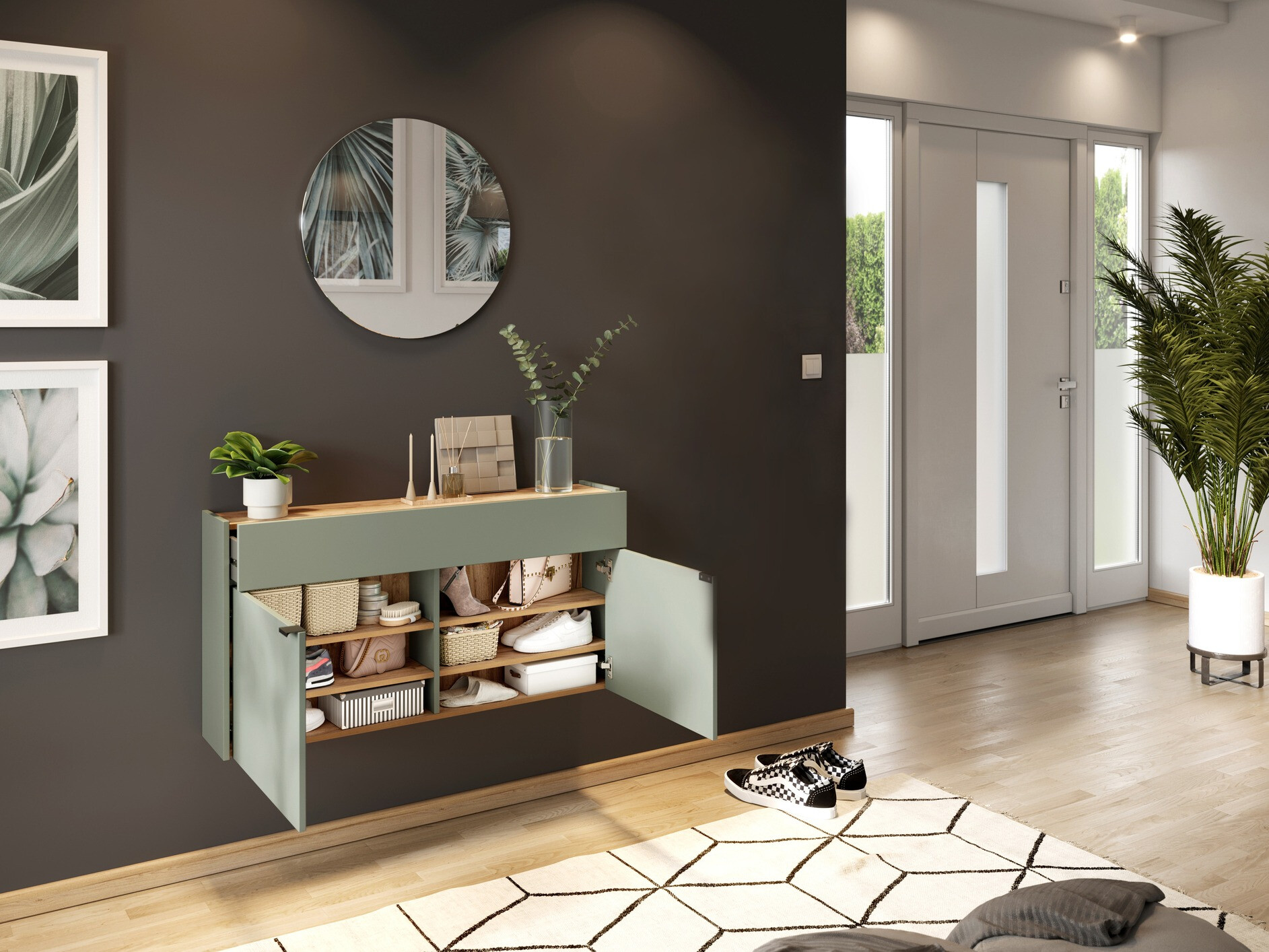 Komplet za predsobo Cirsale 106 (Prašno zelena + Navarra hrast)