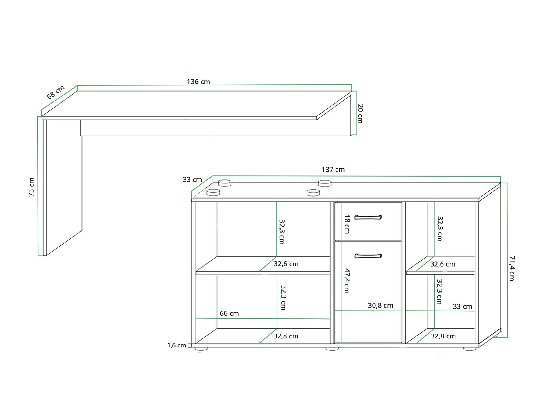 Kotna pisalna miza Gilroy 113 (Bela + Sijaj črna)