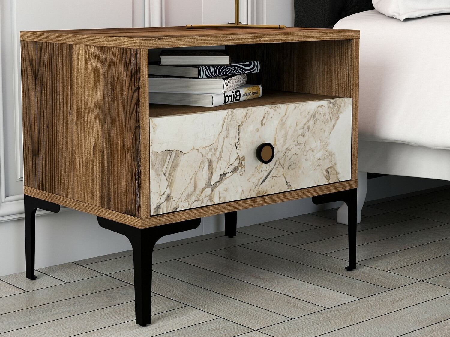 Nočna omarica Kailua 1516 (Oreh + Beli marmor)