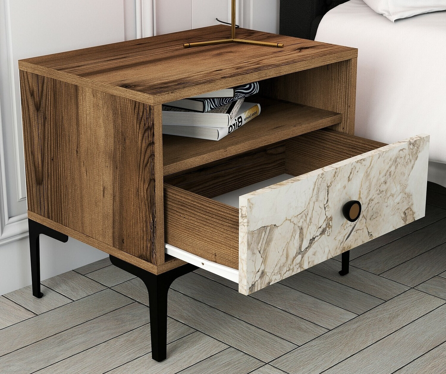 Nočna omarica Kailua 1516 (Oreh + Beli marmor)