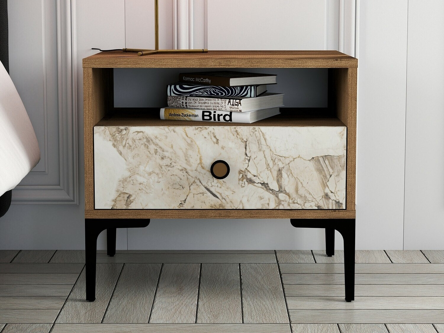 Nočna omarica Kailua 1516 (Oreh + Beli marmor)