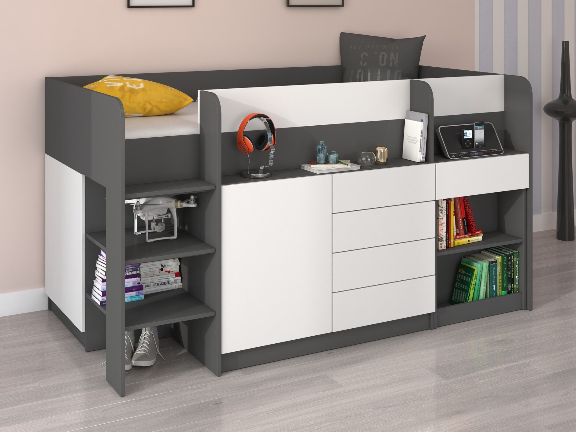 Visoka postelja Gilroy 116 (Grafit + Bela)