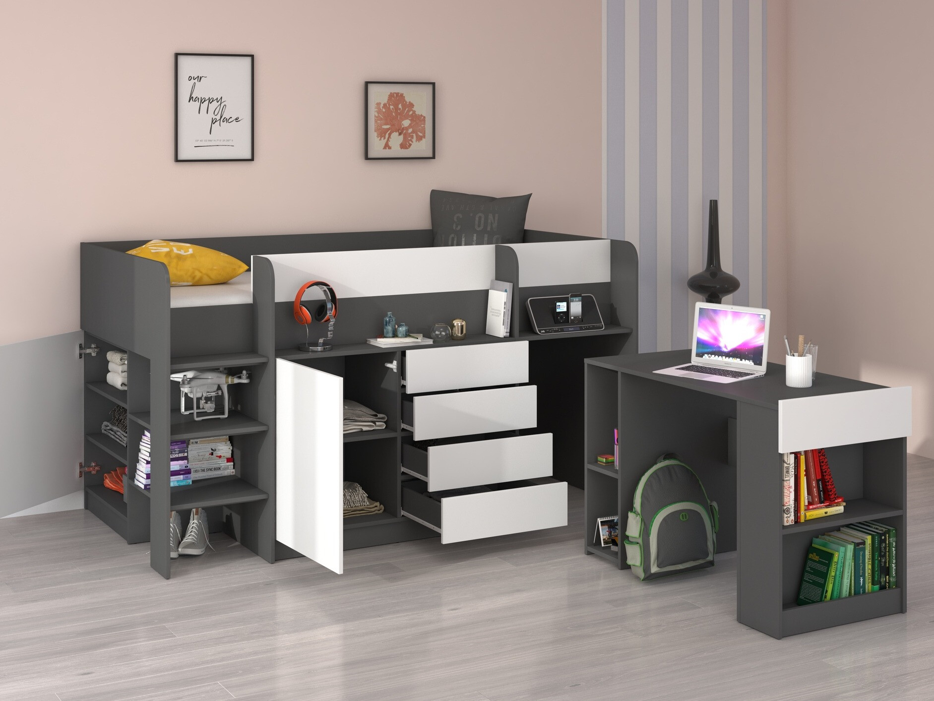 Visoka postelja Gilroy 116 (Grafit + Bela)