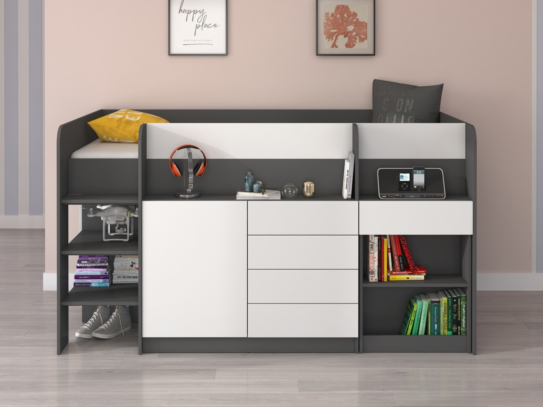 Visoka postelja Gilroy 116 (Grafit + Bela)