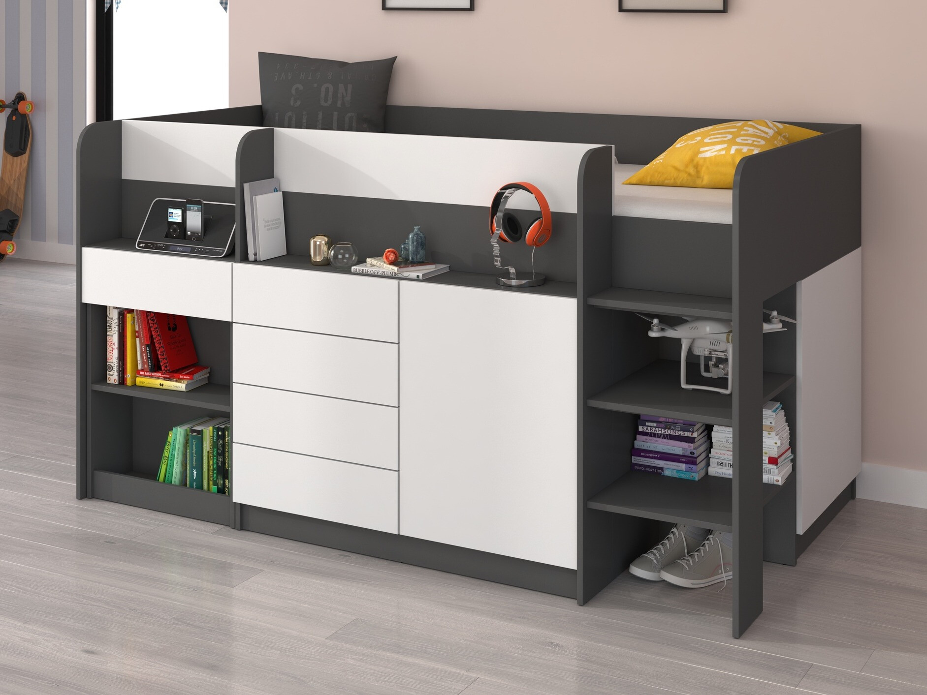 Visoka postelja Gilroy 116 (Grafit + Bela)