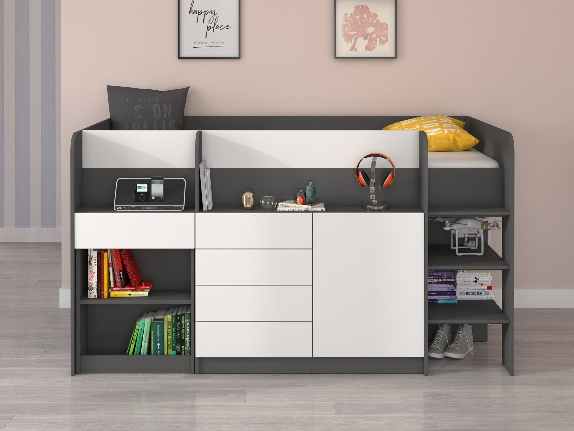 Visoka postelja Gilroy 116 (Grafit + Bela)