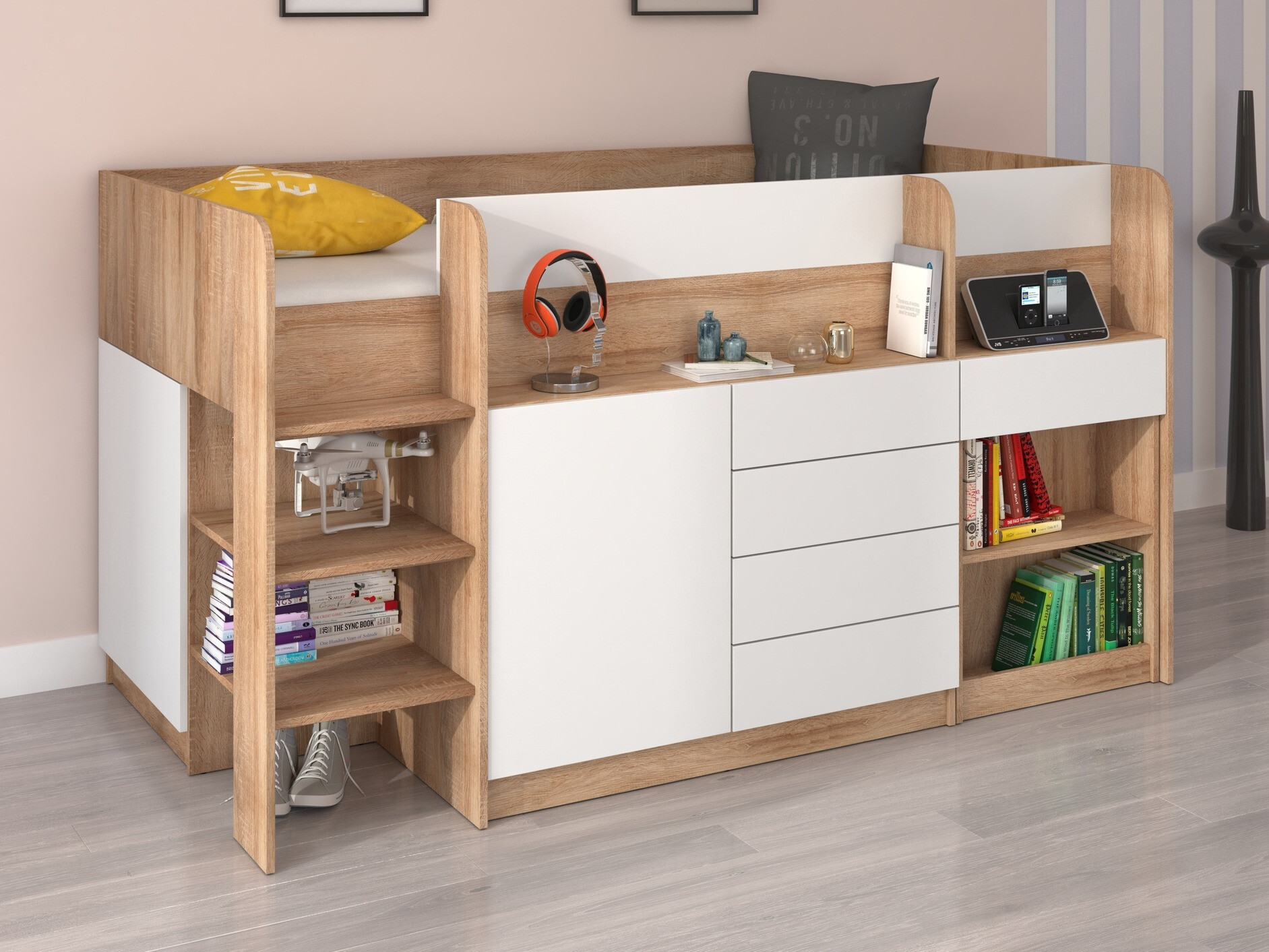 Visoka postelja Gilroy 116 (Sonoma hrast + Bela)