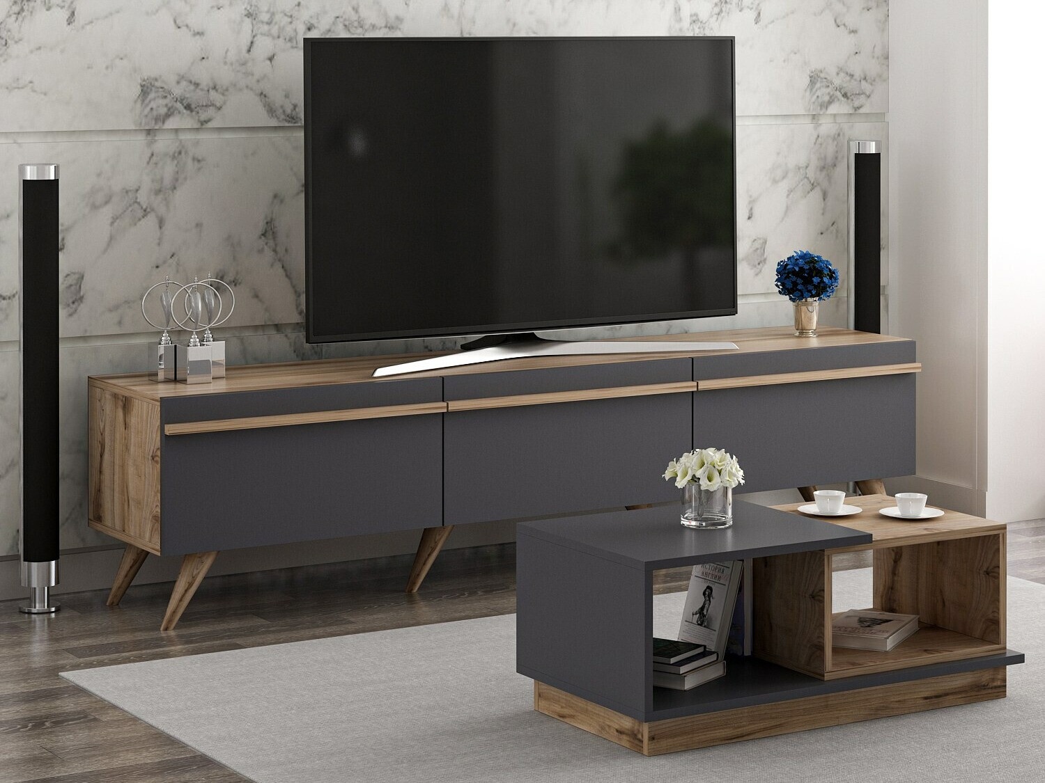 Komplet za dnevno sobo Kailua 1705 (Antracit + Hrast)