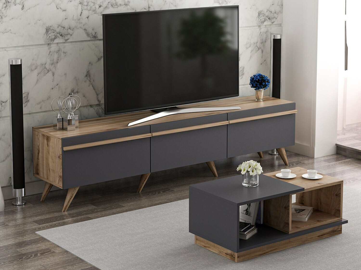 Komplet za dnevno sobo Kailua 1705 (Antracit + Hrast)