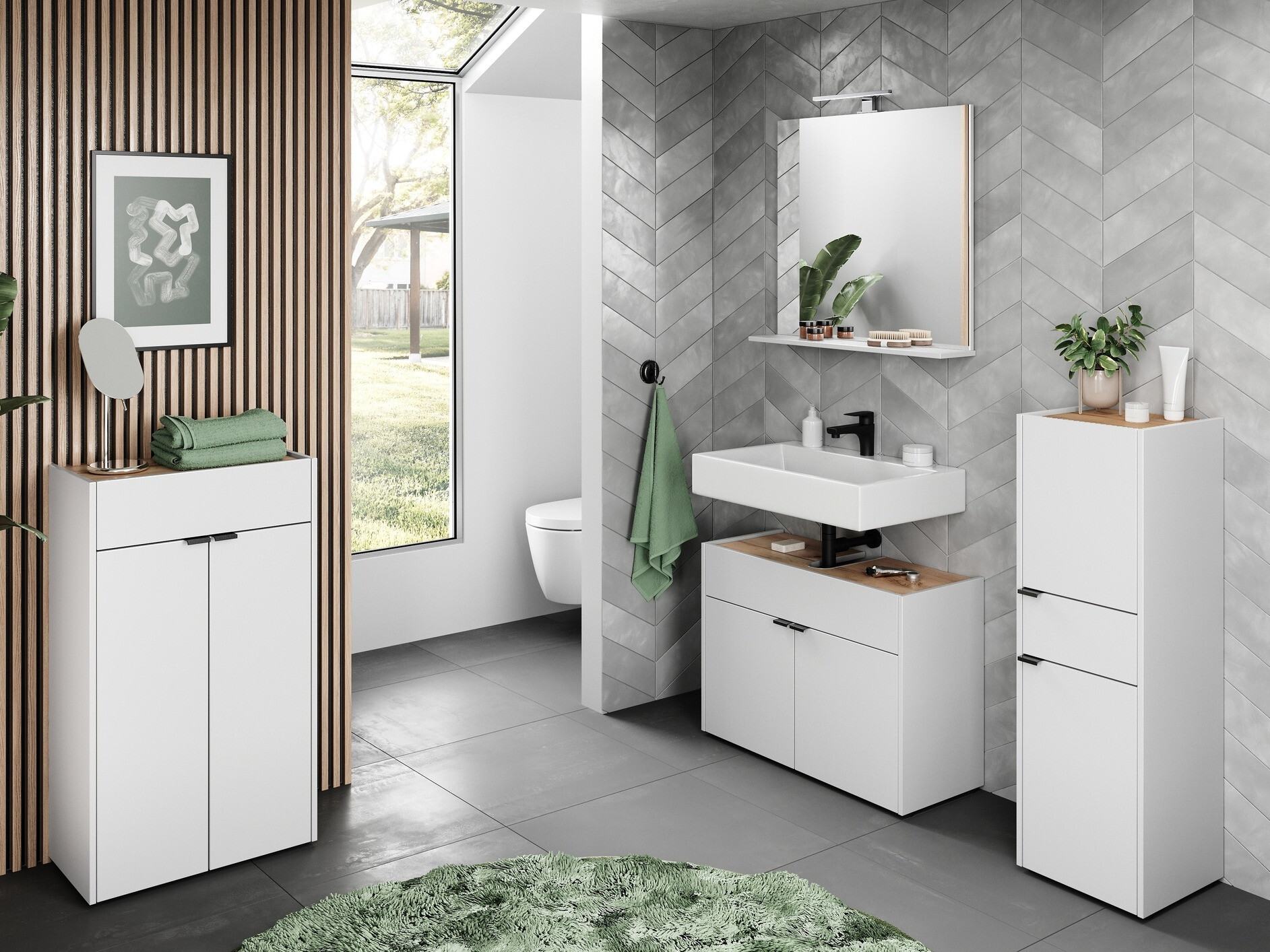 Prostostoječa kopalniška omarica za umivalnik Ventei 100 (Bela + Navarra hrast)