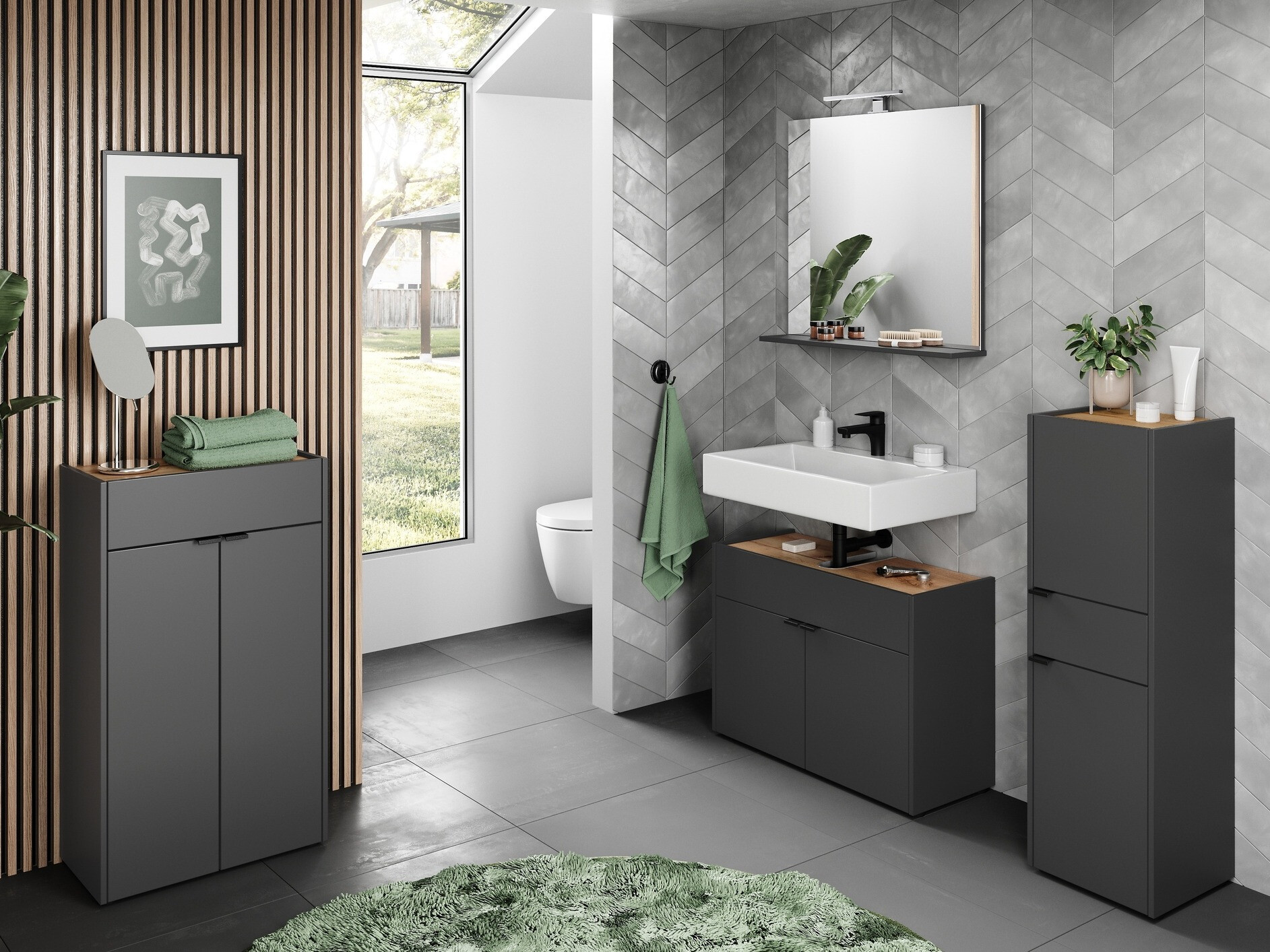 Prostostoječa kopalniška omarica za umivalnik Ventei 100 (Grafit + Navarra hrast)