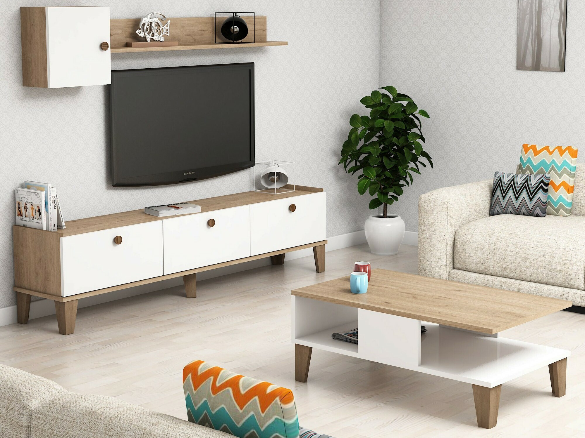 Komplet za dnevno sobo Kailua 723 (Hrast + Bela)