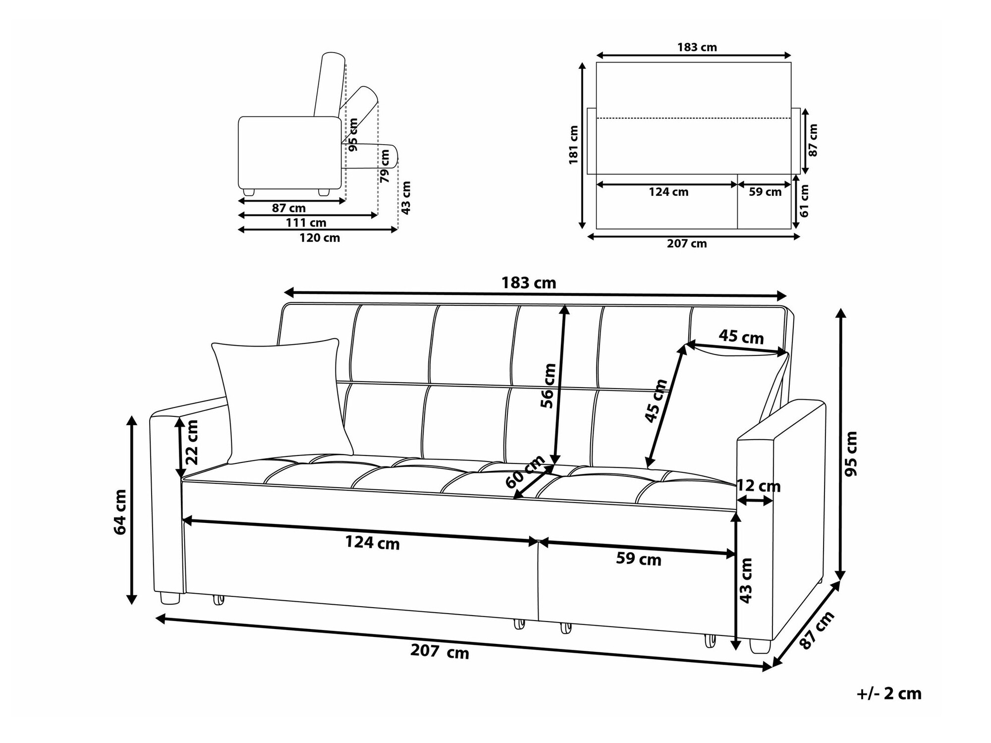 Raztegljiv kavč Berwyn 1774 (Siva)