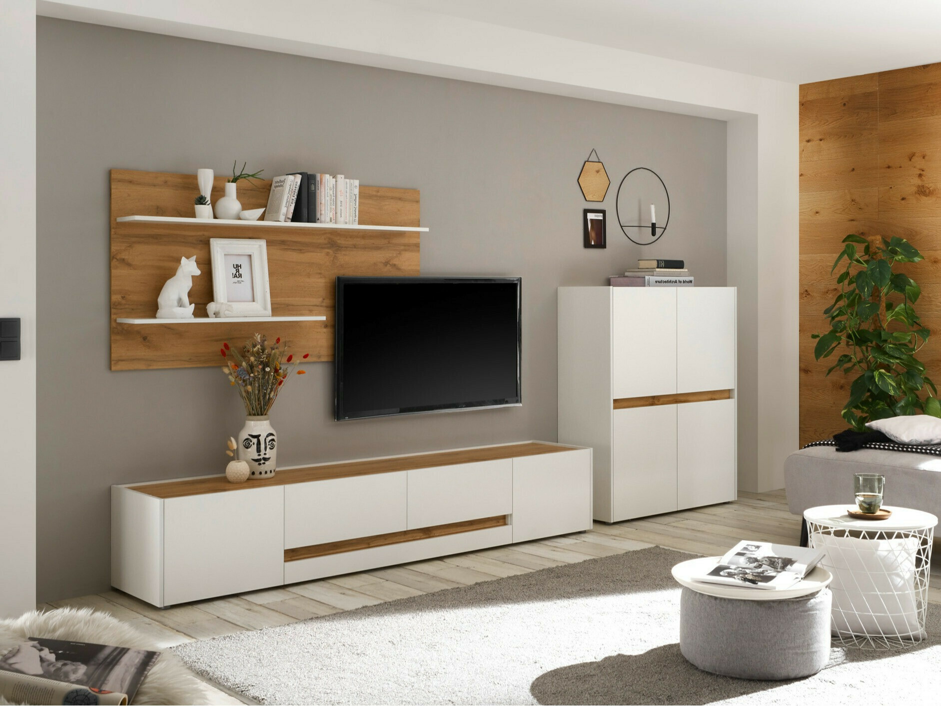 Komplet za dnevno sobo Elbsori 127 (Bela + Wotan hrast)