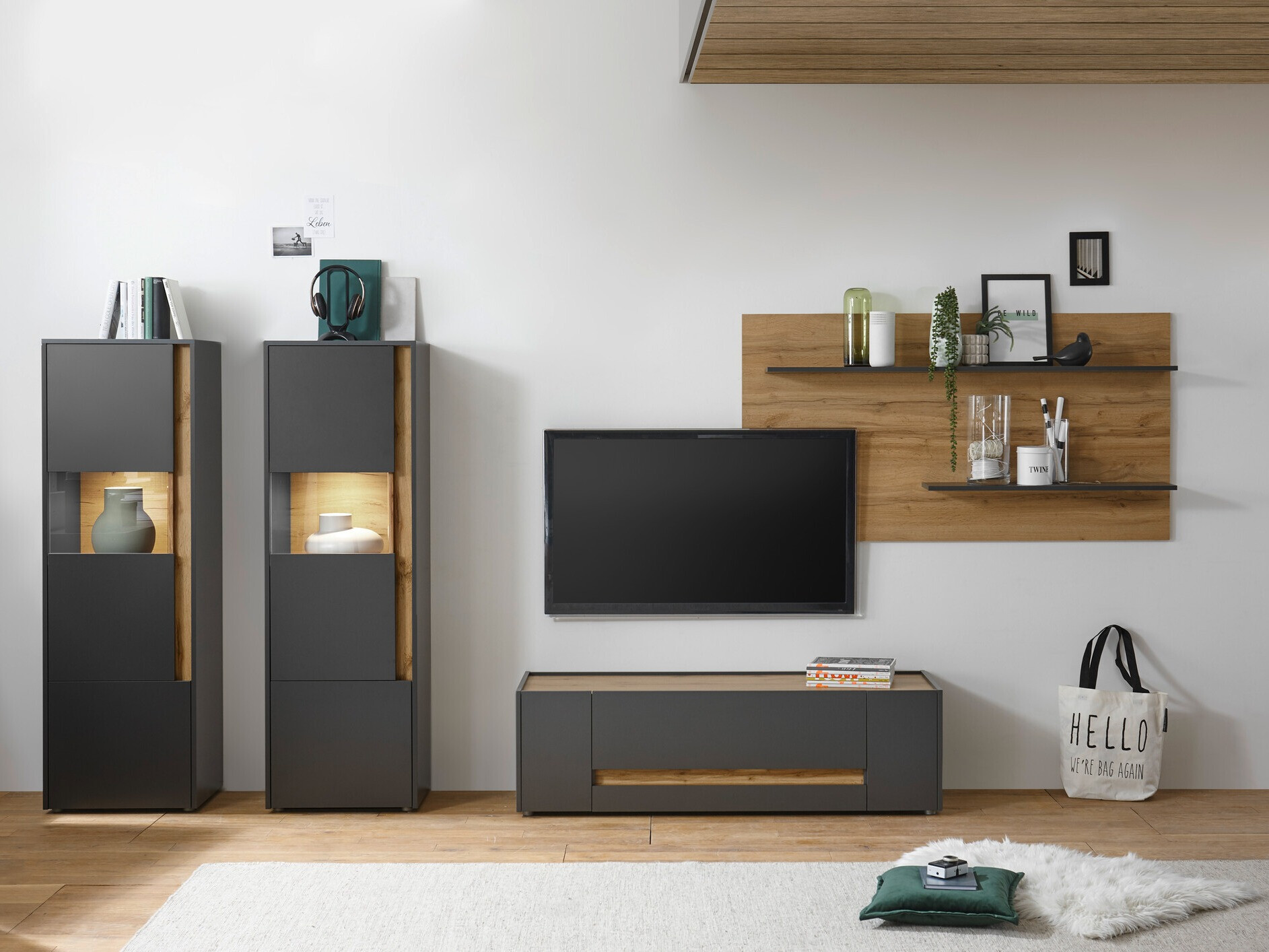 Komplet za dnevno sobo Elbsori 128 (Antracit + Wotan hrast)