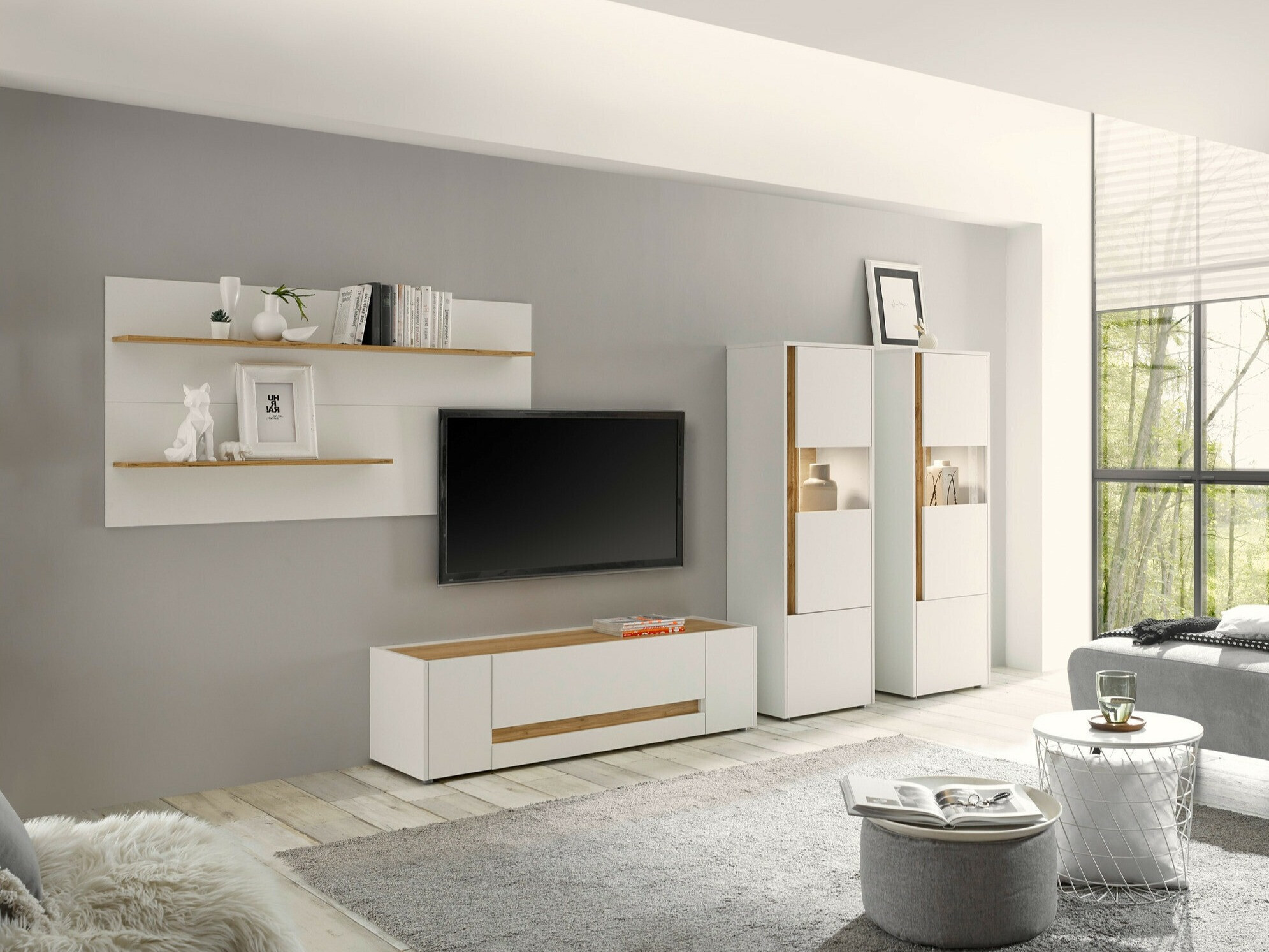 Komplet za dnevno sobo Elbsori 128 (Bela + Wotan hrast)