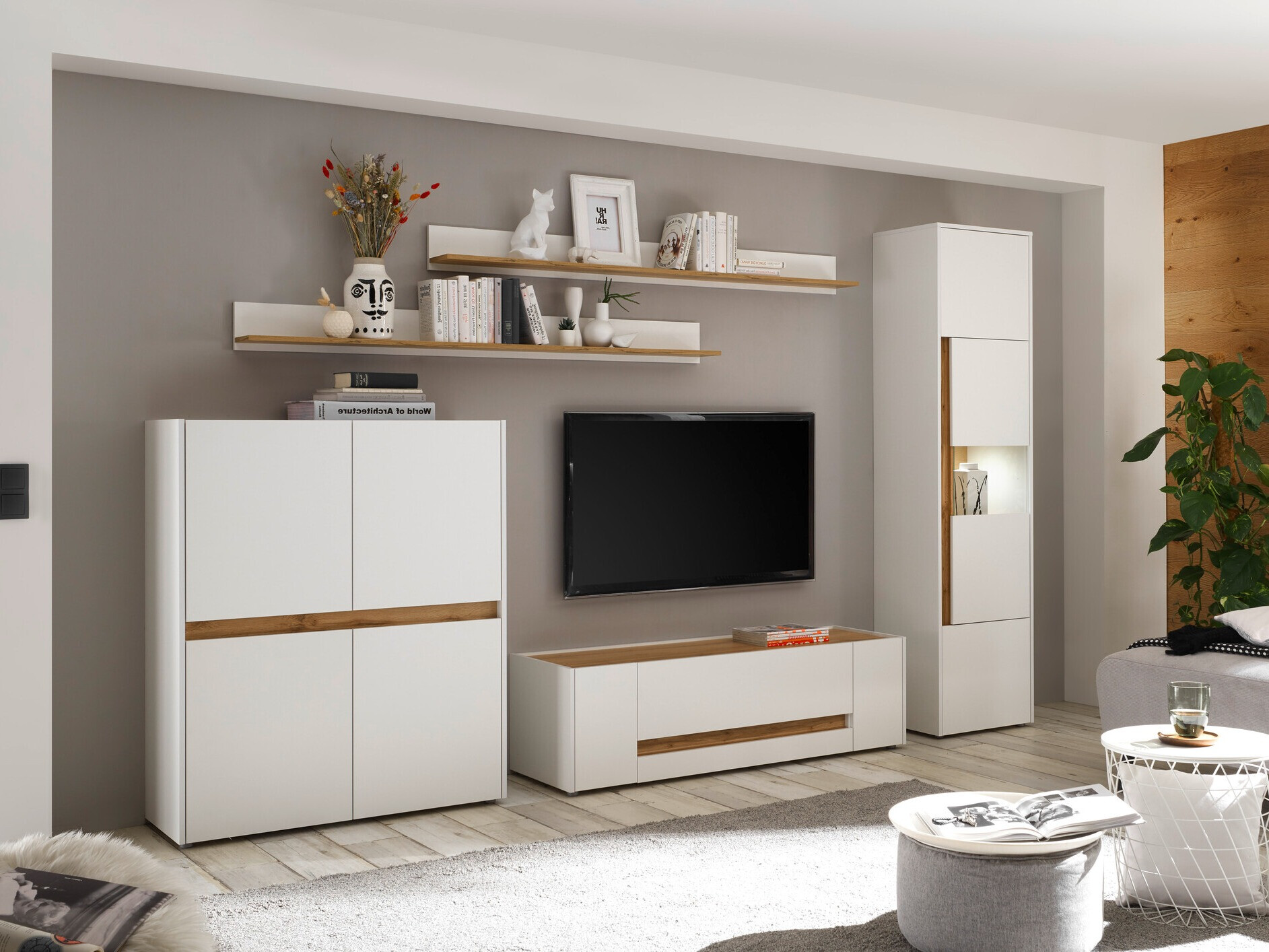 Komplet za dnevno sobo Elbsori 131 (Bela + Wotan hrast)