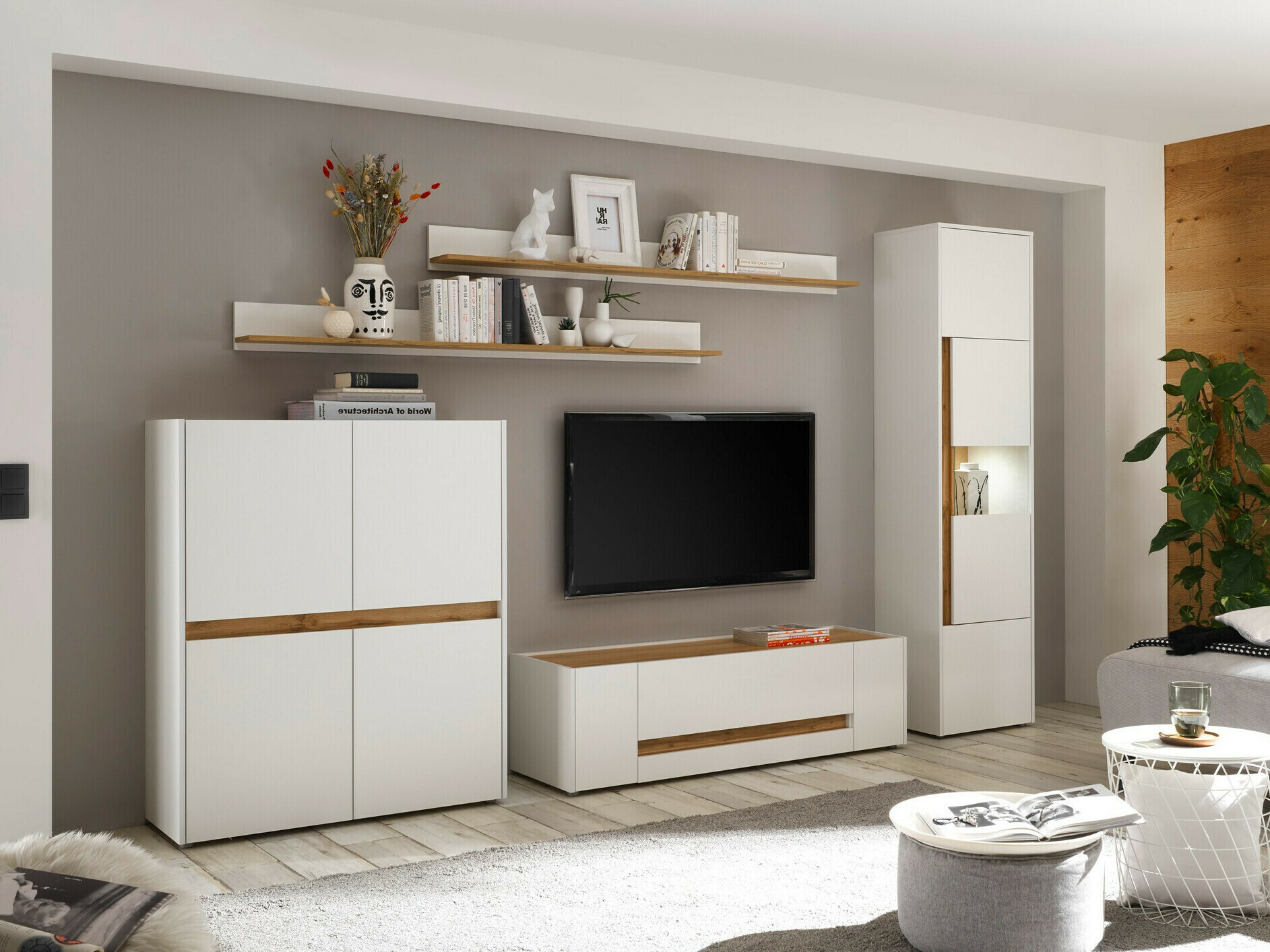 Komplet za dnevno sobo Elbsori 131 (Bela + Wotan hrast)