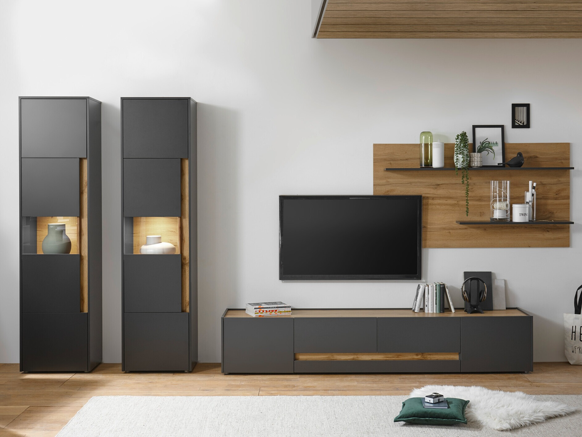 Komplet za dnevno sobo Elbsori 132 (Antracit + Wotan hrast)