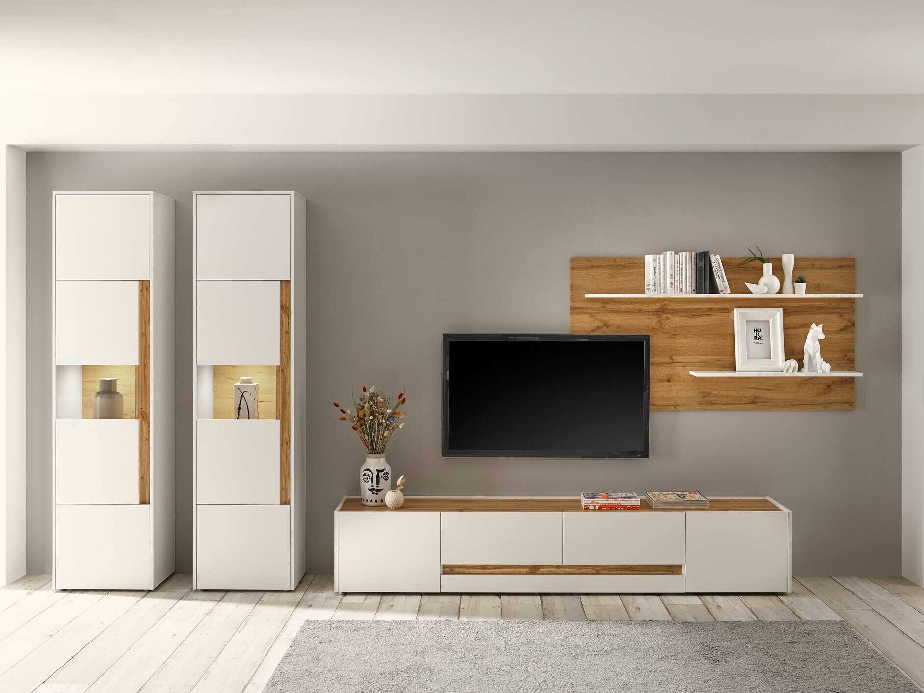 Komplet za dnevno sobo Elbsori 132 (Bela + Wotan hrast)