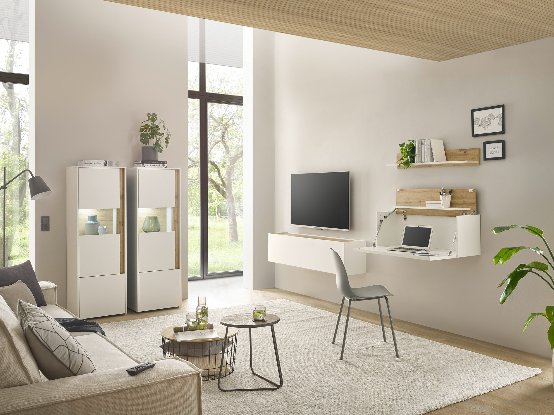 Komplet za dnevno sobo Elbsori 136 (Bela + Wotan hrast)