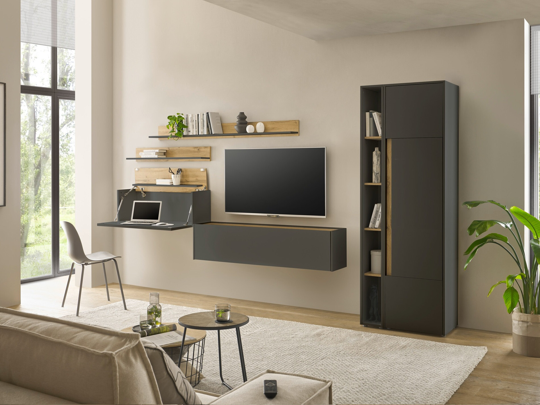 Komplet za dnevno sobo Elbsori 145 (Antracit + Wotan hrast)