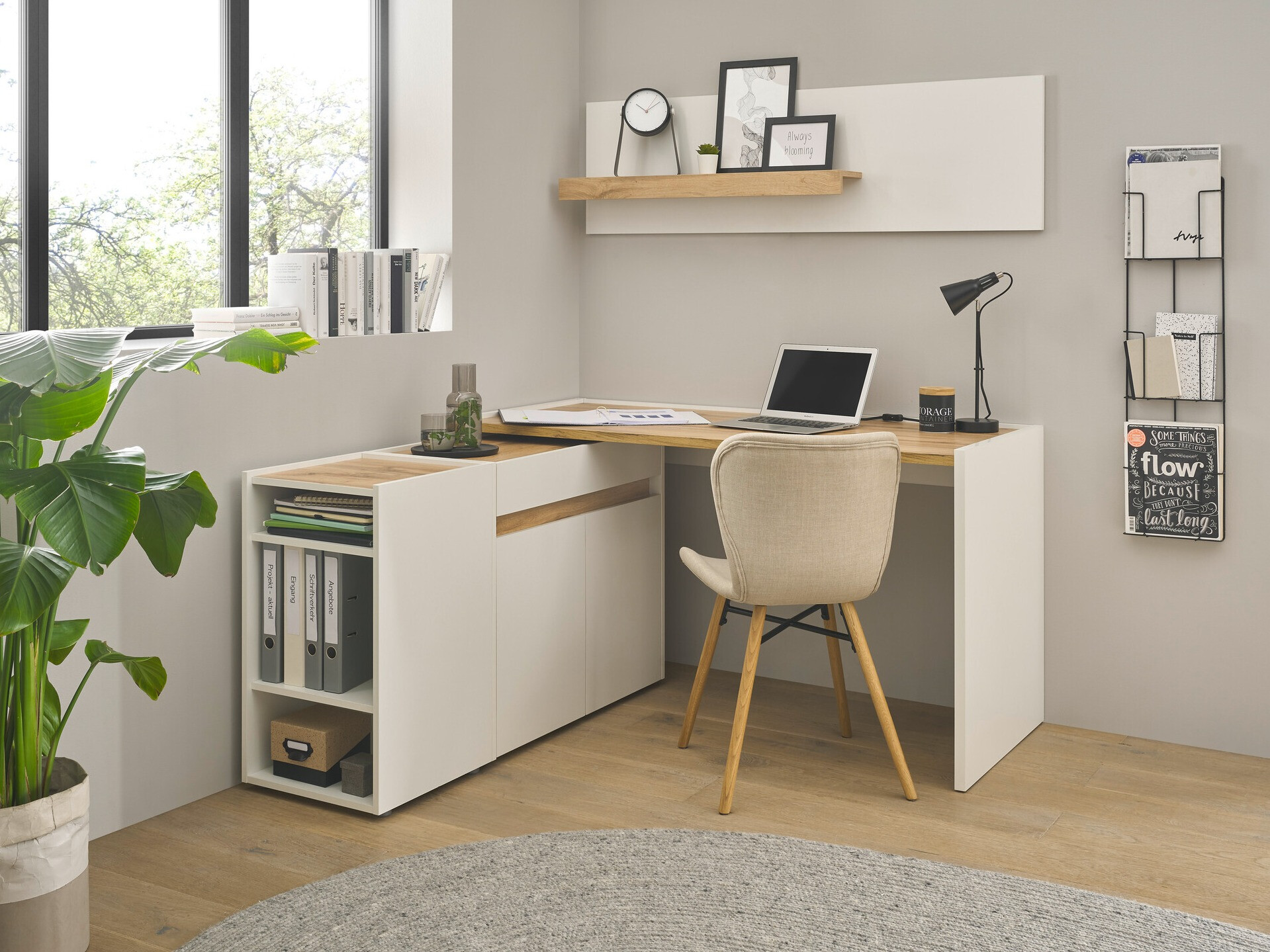 Komplet za domačo pisarno Elbsori 152 (Bela + Wotan hrast)