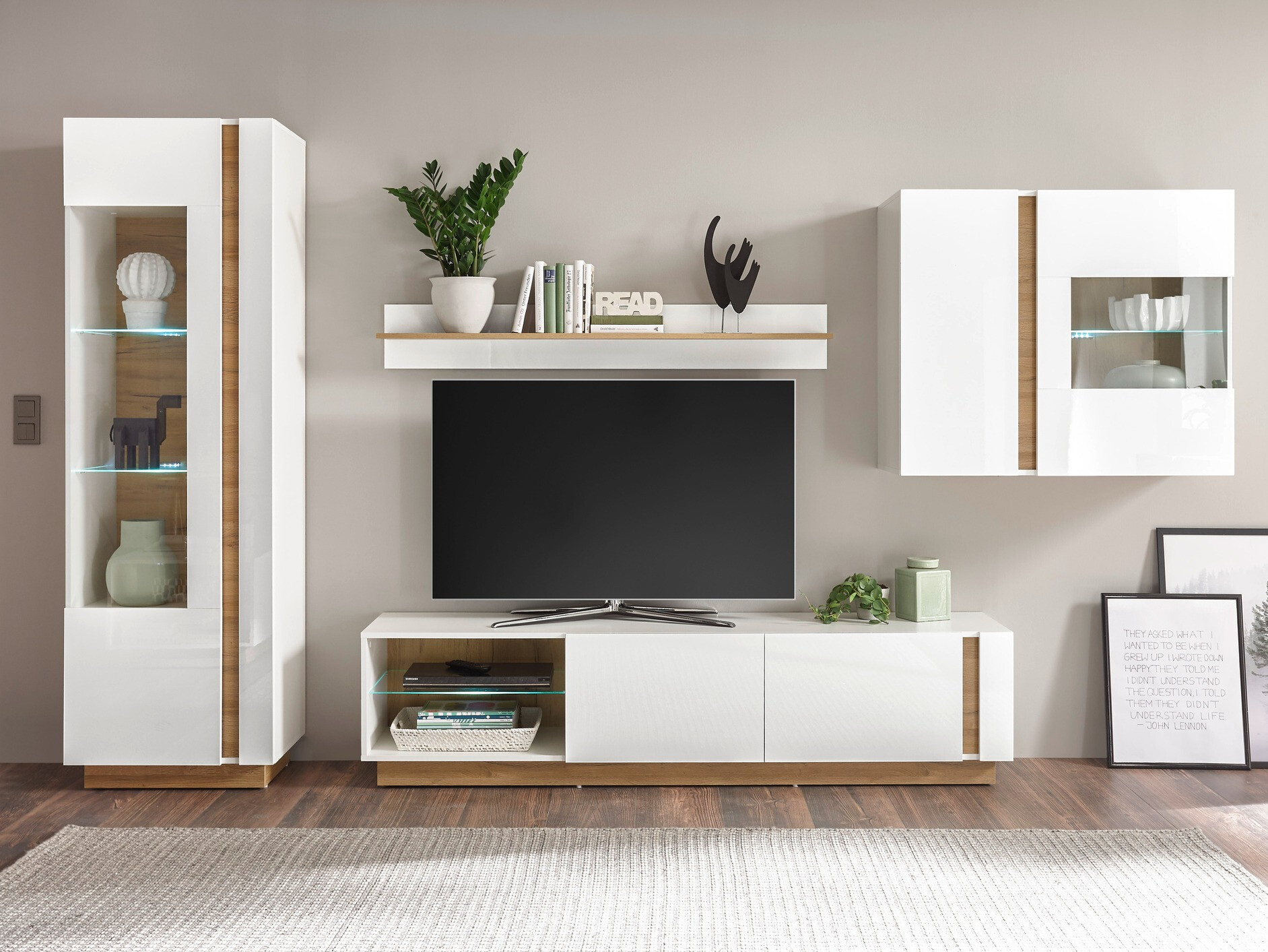 Stenska polica Veropho 109 (Sijaj bela + Hrast Grandson)