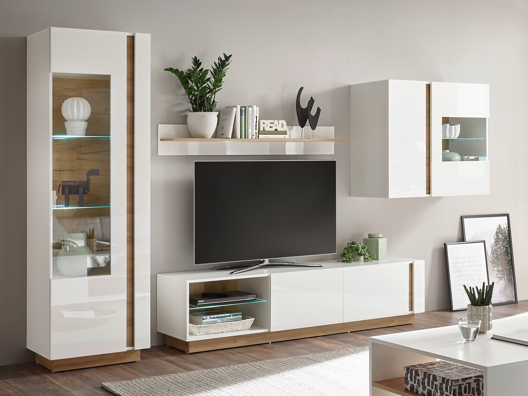 Komplet za dnevno sobo Veropho 113 (Sijaj bela + Hrast Grandson)