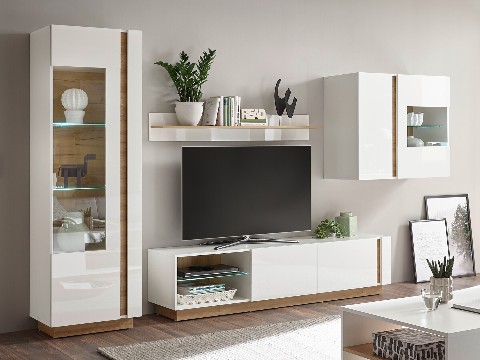 Komplet za dnevno sobo Veropho 113 (Sijaj bela + Hrast Grandson)