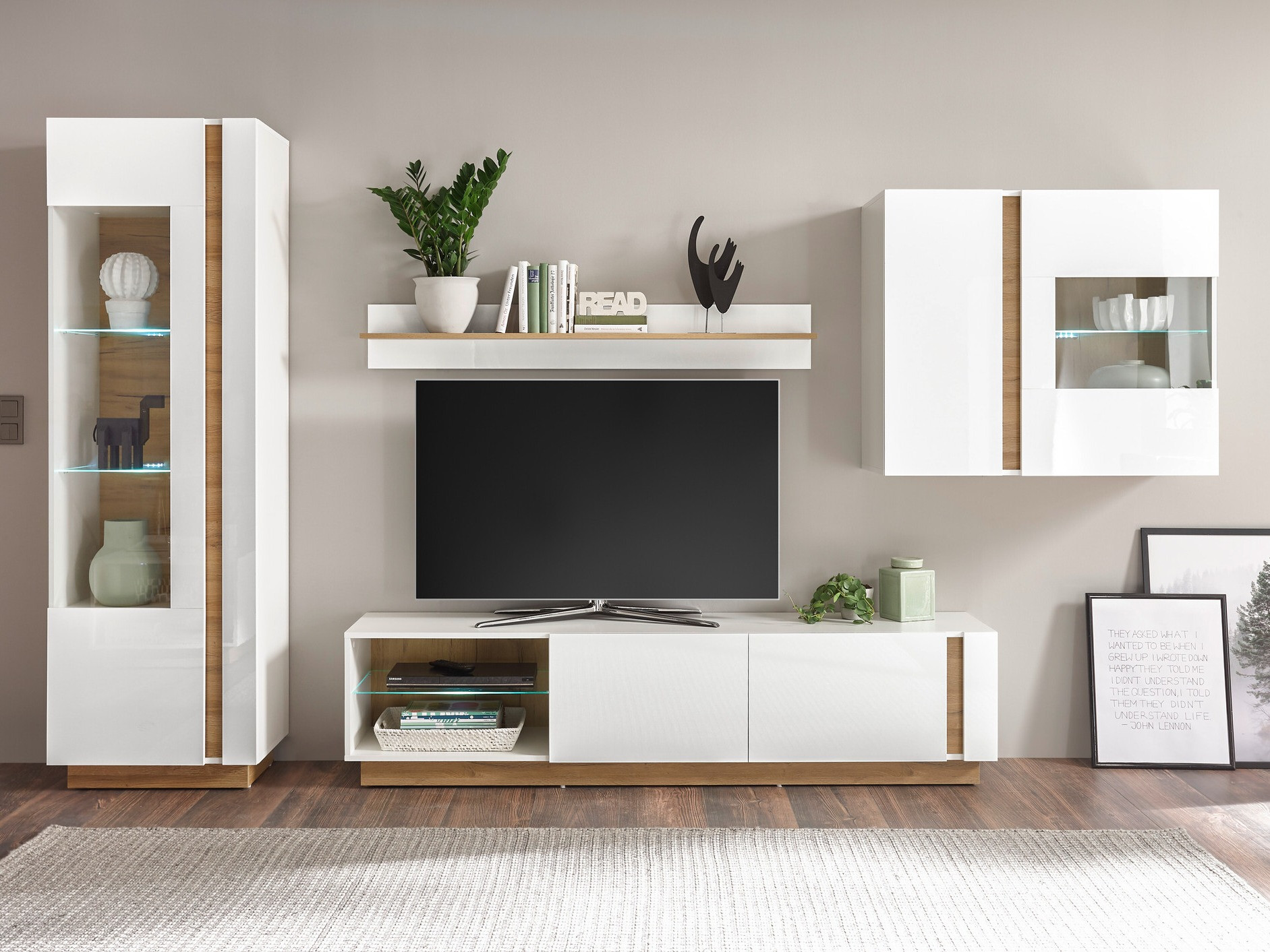 Komplet za dnevno sobo Veropho 113 (Sijaj bela + Hrast Grandson)