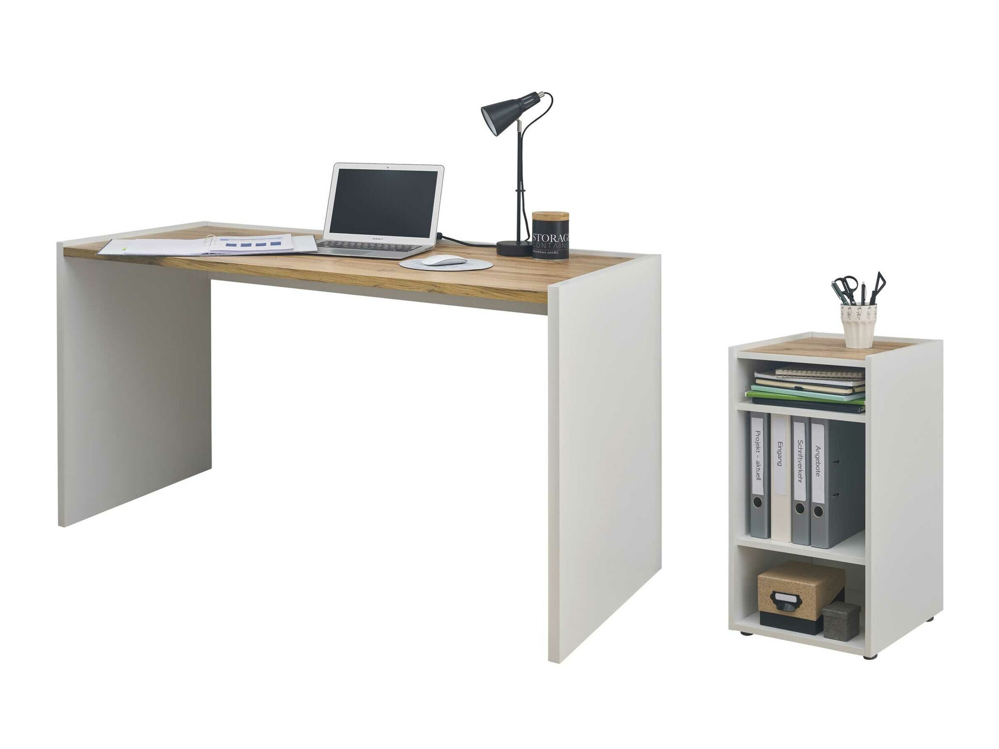 Komplet za domačo pisarno Elbsori 153 (Bela + Wotan hrast)