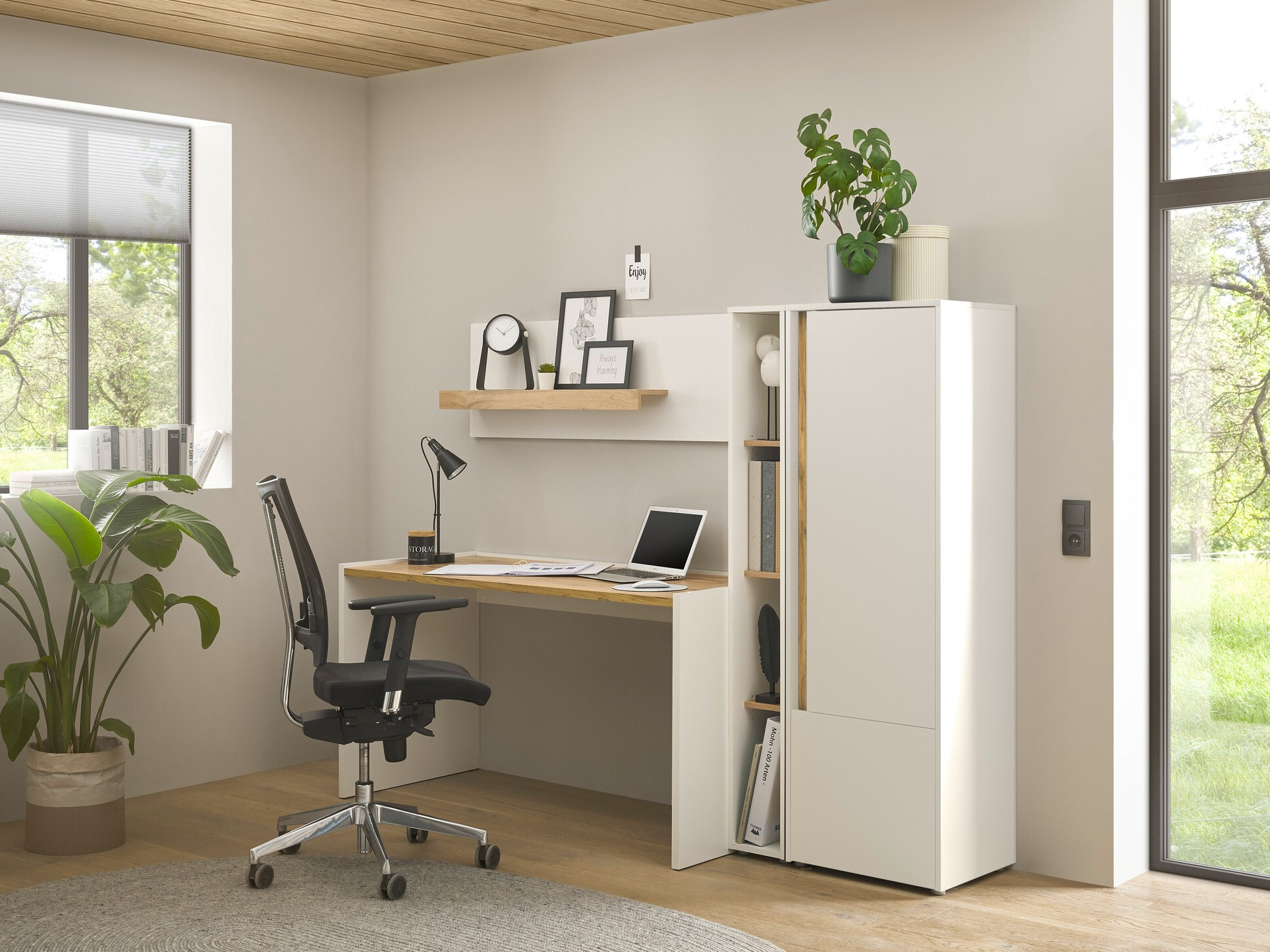 Komplet za domačo pisarno Elbsori 154 (Bela + Wotan hrast)