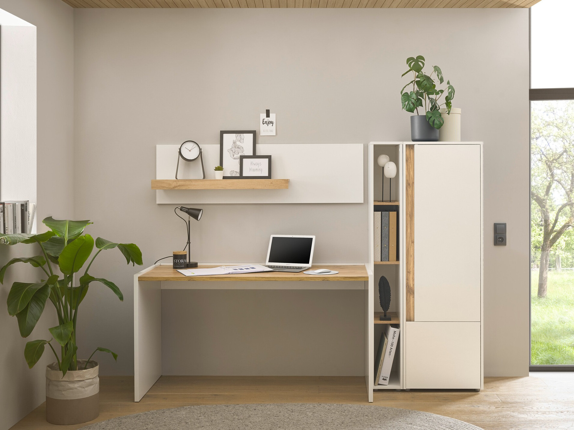 Komplet za domačo pisarno Elbsori 154 (Bela + Wotan hrast)