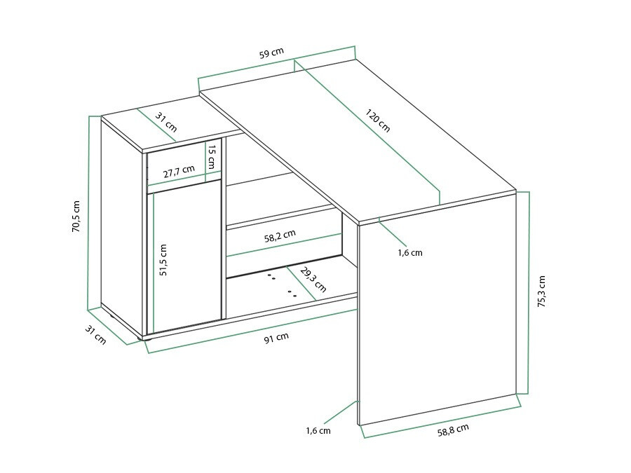 Kotna pisalna miza Bristol 139 (Bela)