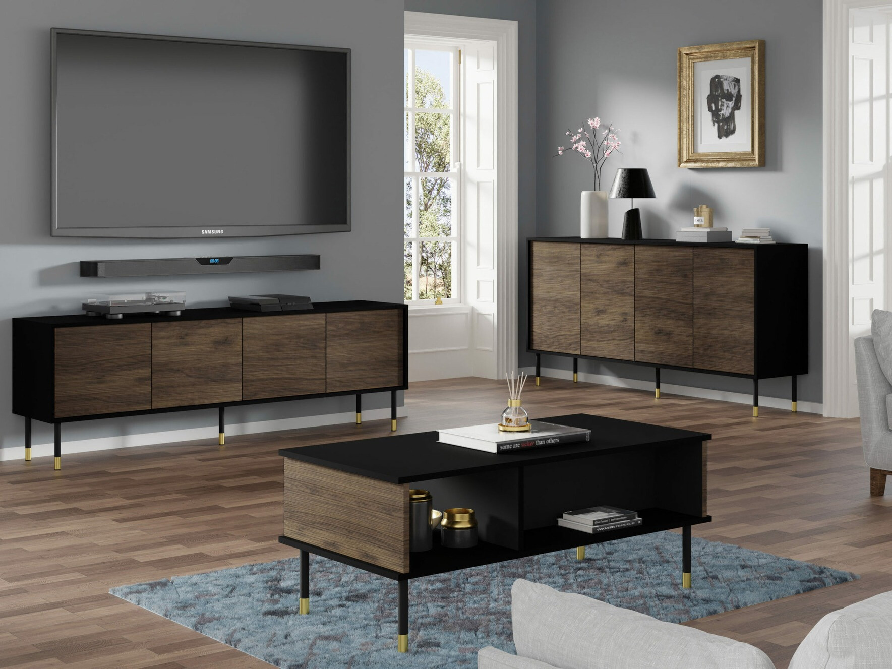 Komplet za dnevno sobo Romtole 103 (Črna + Temen hrast)