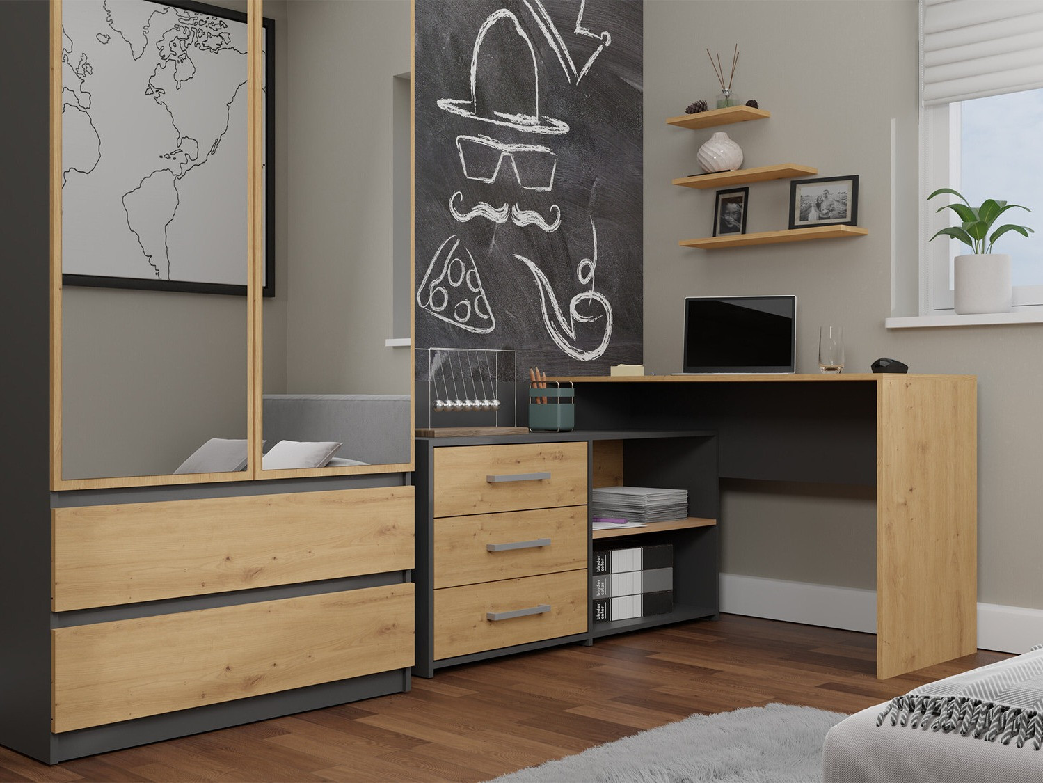 Kotna pisalna miza Mandeville 131 (Antracit + Artisan hrast)