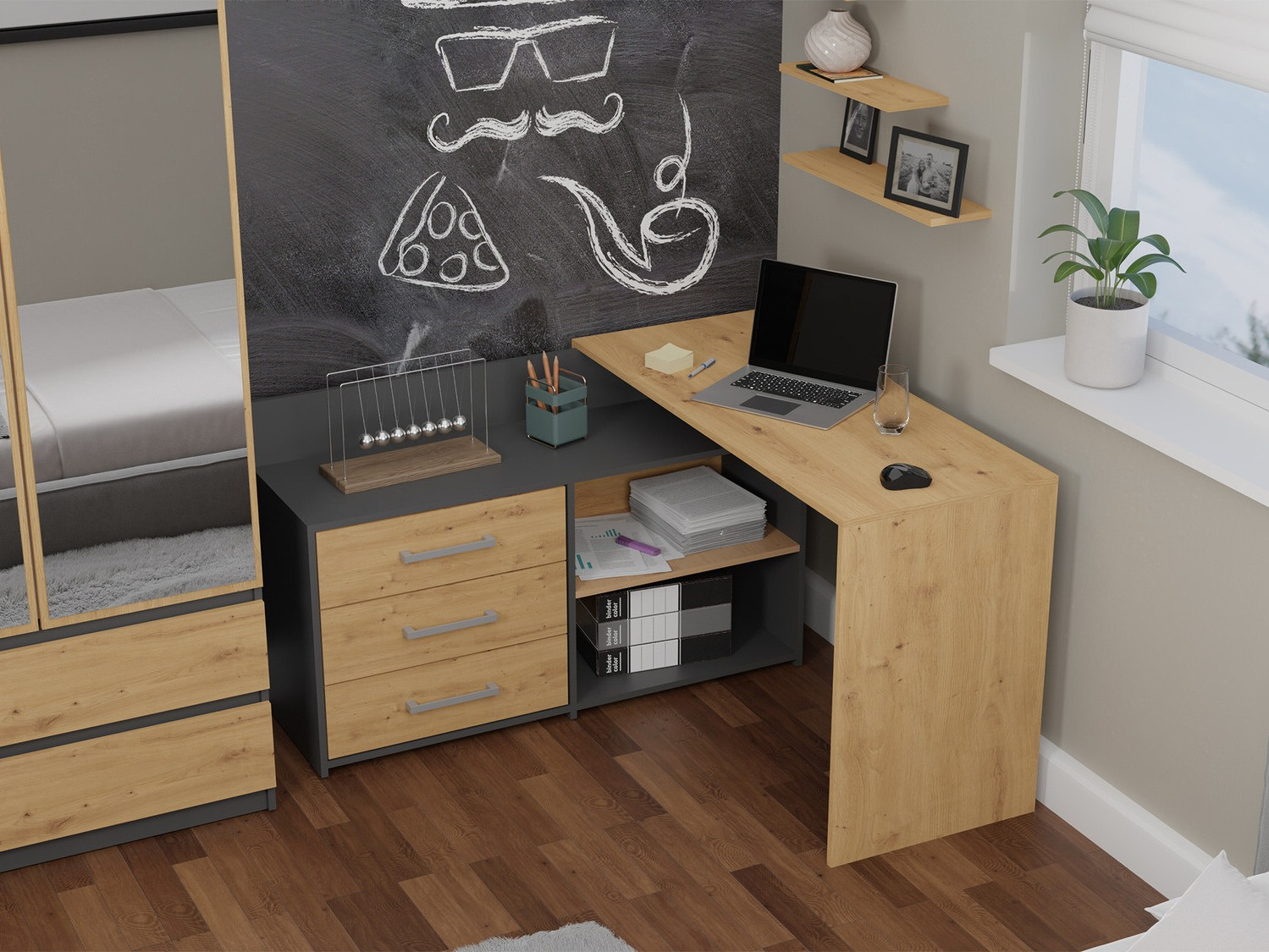 Kotna pisalna miza Mandeville 131 (Antracit + Artisan hrast)
