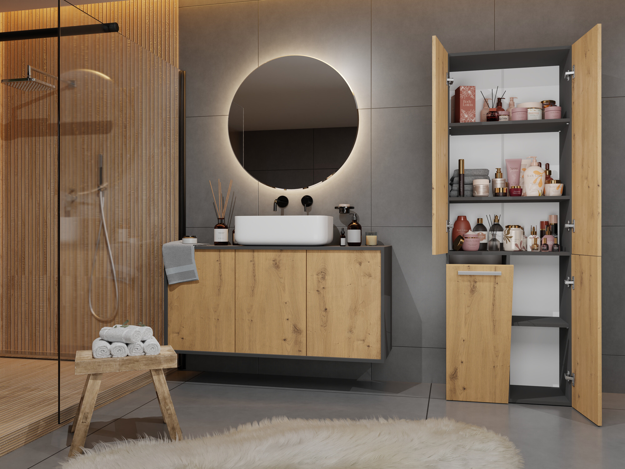 Prostostoječa Kopalniška omarica Nolmaru 100 (Antracit + Artisan hrast)