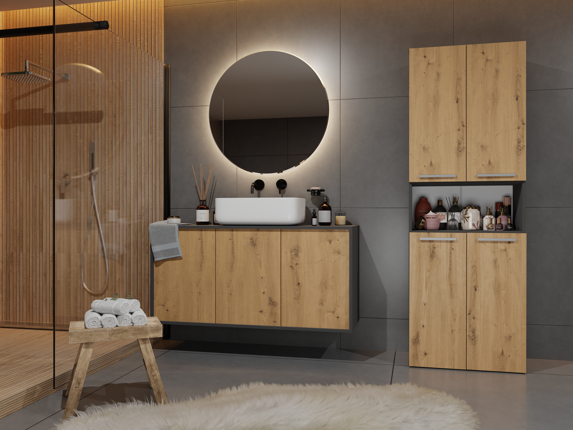 Prostostoječa Kopalniška omarica Nolmaru 101 (Antracit + Artisan hrast)