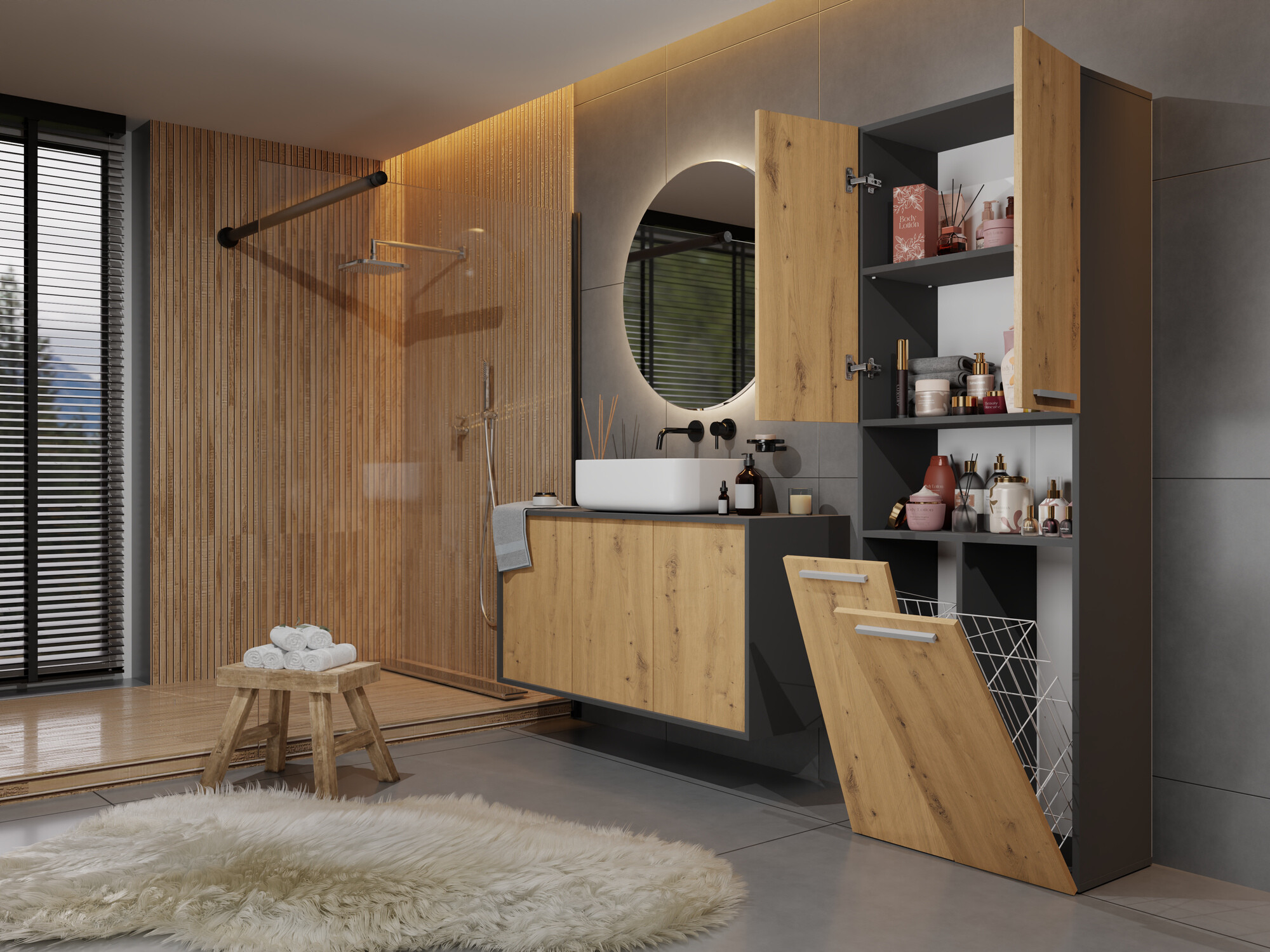 Prostostoječa Kopalniška omarica Nolmaru 103 (Antracit + Artisan hrast)