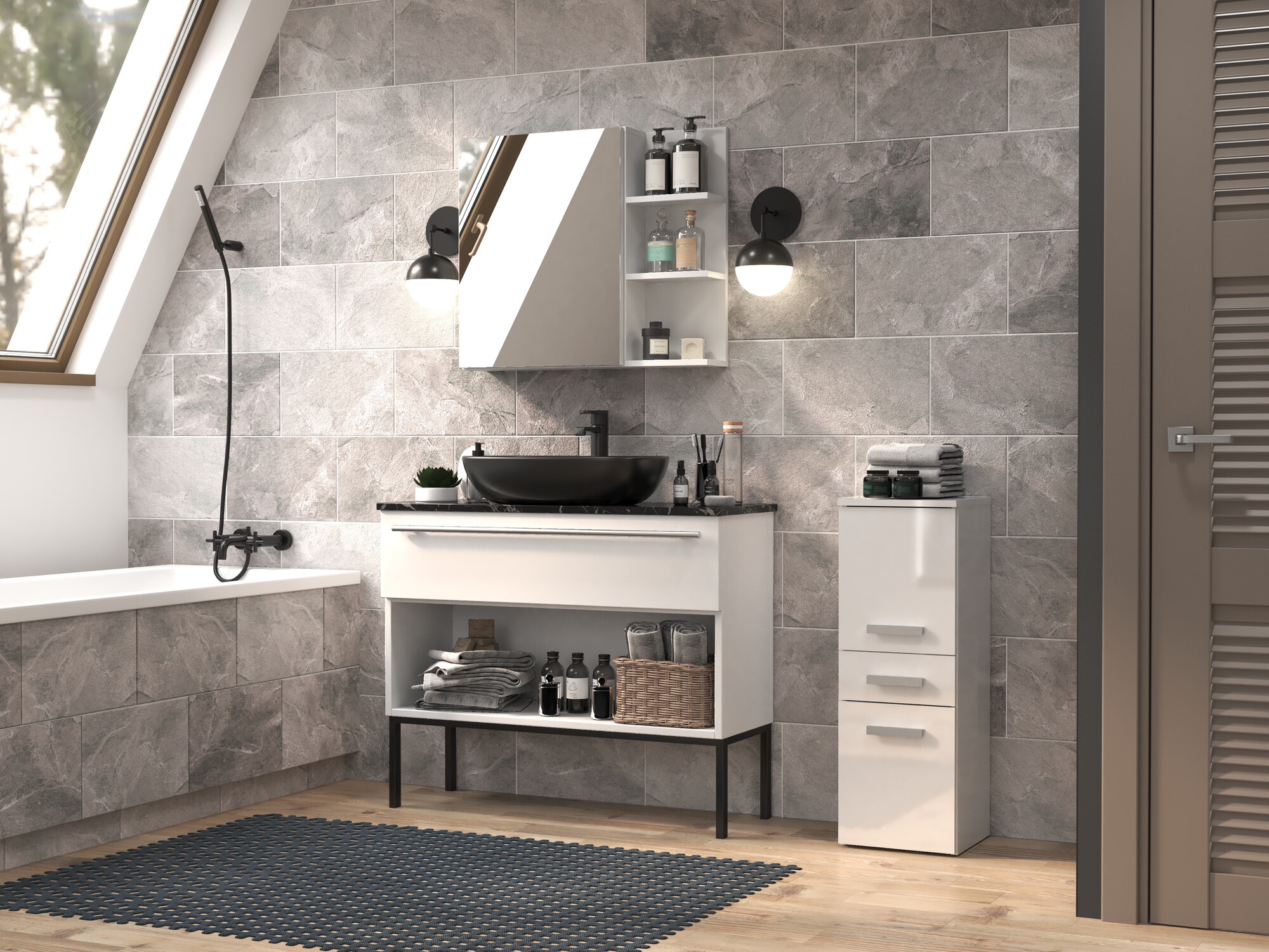 Prostostoječa Kopalniška omarica Nolmaru 108 (Bela + Sijaj bela)