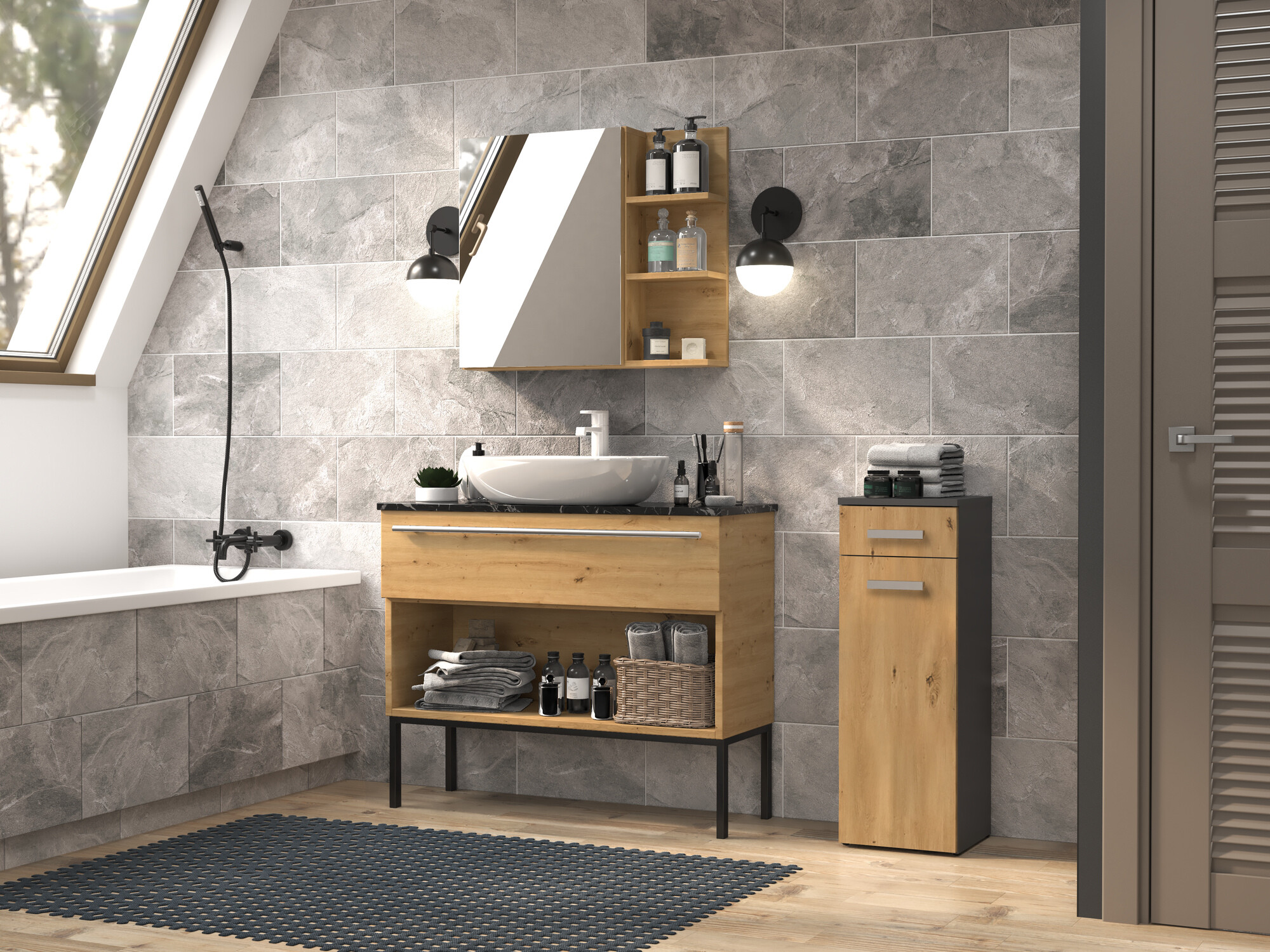 Prostostoječa Kopalniška omarica Nolmaru 109 (Antracit + Artisan hrast)