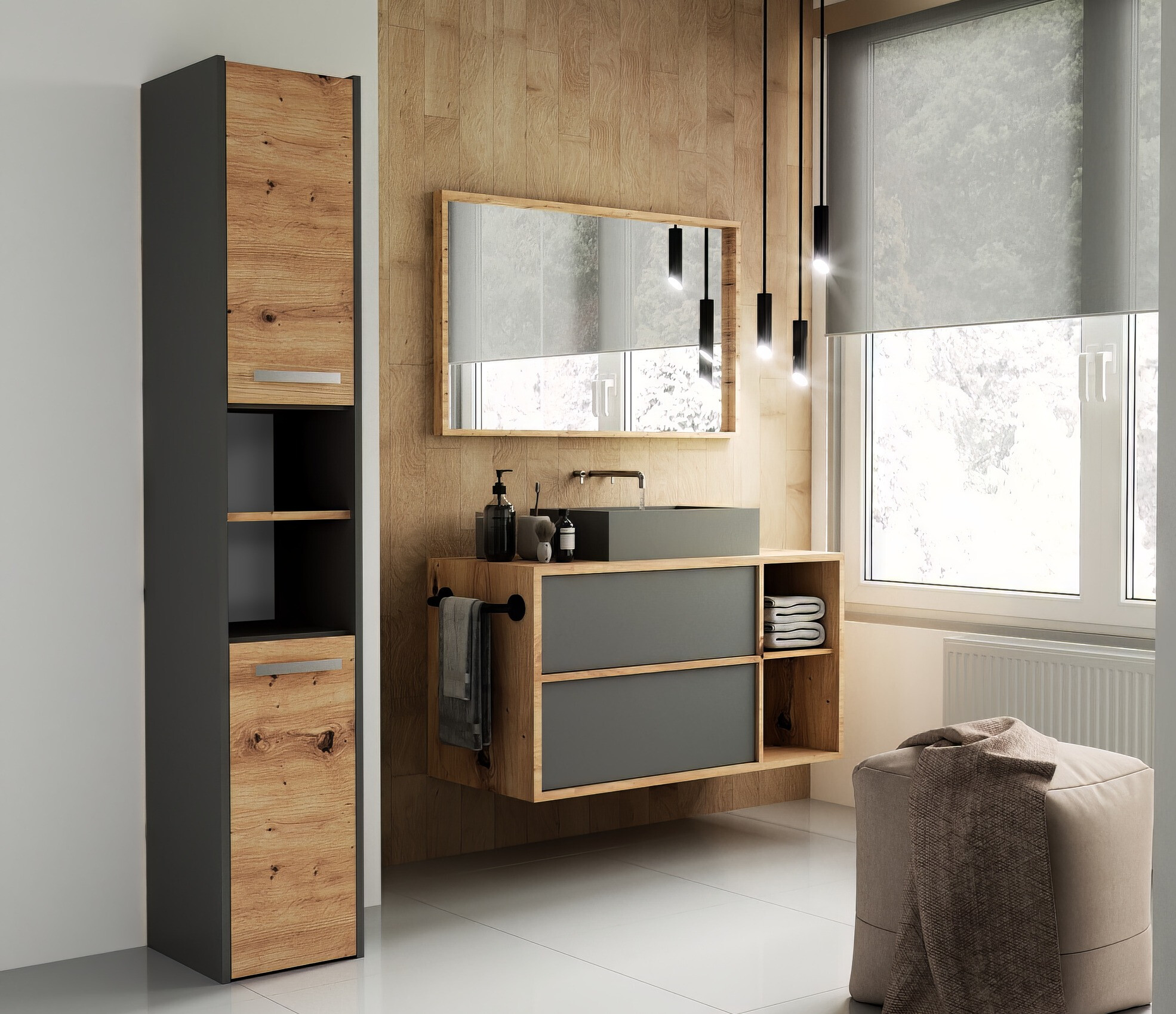 Prostostoječa Kopalniška omarica Mandeville 248 (Antracit + Artisan hrast)